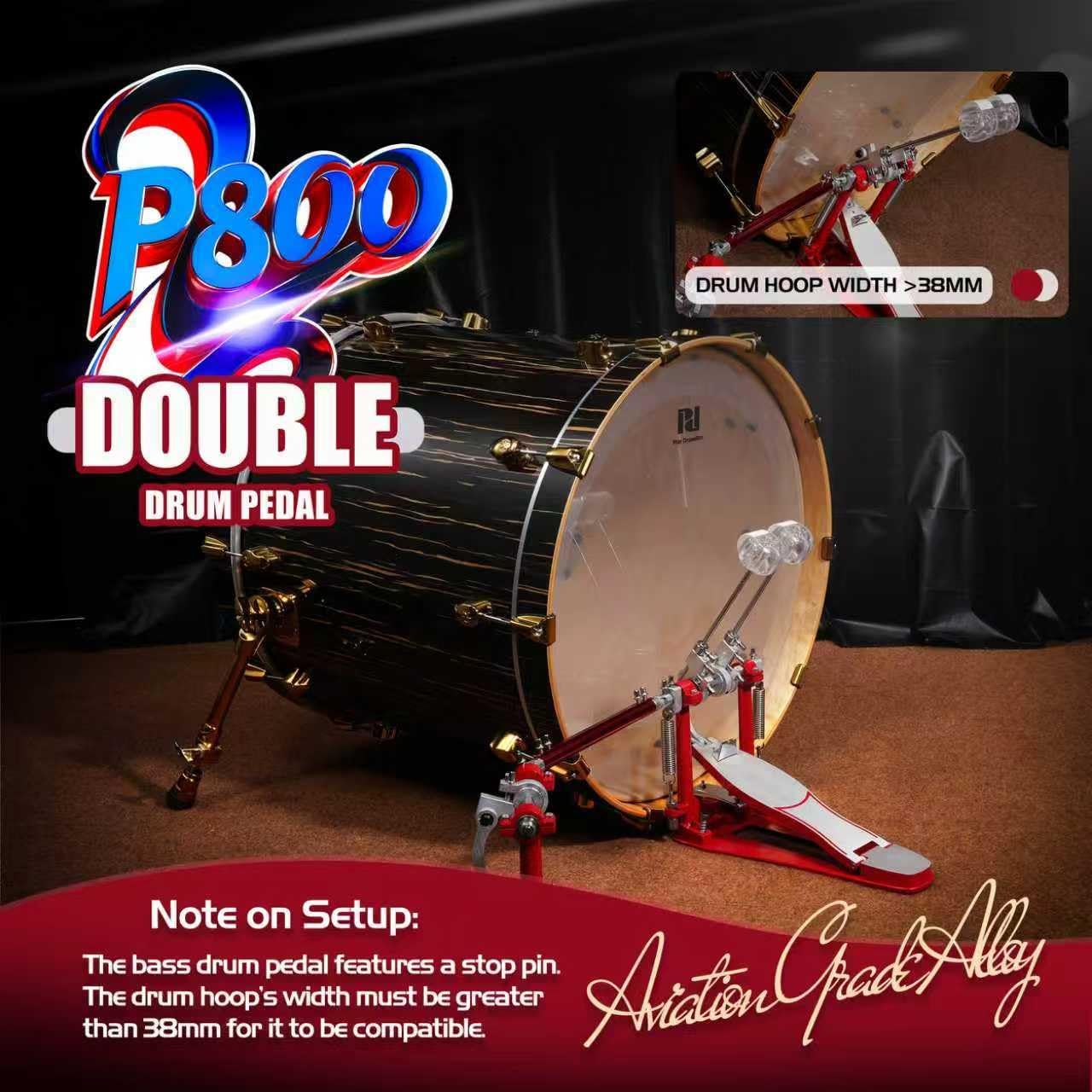 P800 Direct Drive Double Bass Pedal - Aerospace Grade Materials, One-Piece Construction for Drum Set (Double) Red