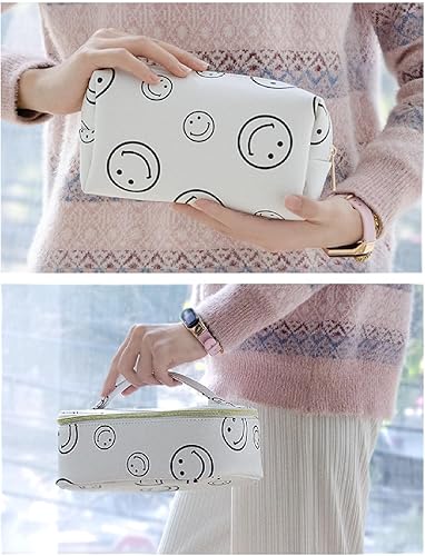 Miniatura 5 de Bolsa de cosméticos de piel sintética, portátil, bolsa de maquillaje, bolsa con cremallera, bolsa de almacenamiento de cara sonriente, impermeable,