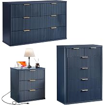 LEYAOYAO Fluted Dressers & Nightstand Set of 3, Wood 48" Wide Dresser & 42" Tall Chest of Drawers,Modern Bedroom Furniture Sets, Navy Blue Wooden Nightstand with 3 Drawers & Charging Station