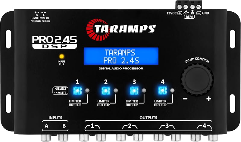 Taramps PRO 2.4S Ecualizador DSP de audio para automóvil Crossover digital de 4 canales | DSP automotriz con ecualizador de 15 bandas, crossover activo, alineación de retardo, entradas RCA y de alto nivel para una sintonización precisa del sonido.