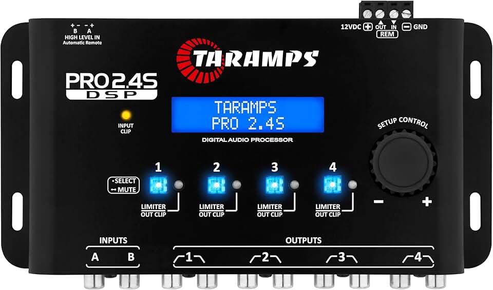 Processador de Áudio Taramps Pro 2.4S Digital 4 Vias Saída RCA e Fio Crossover Equalizador 15 Bandas Anti-Puff Alinhamento Som Automotivo Profissional Alta Performance 12 Presets DSP