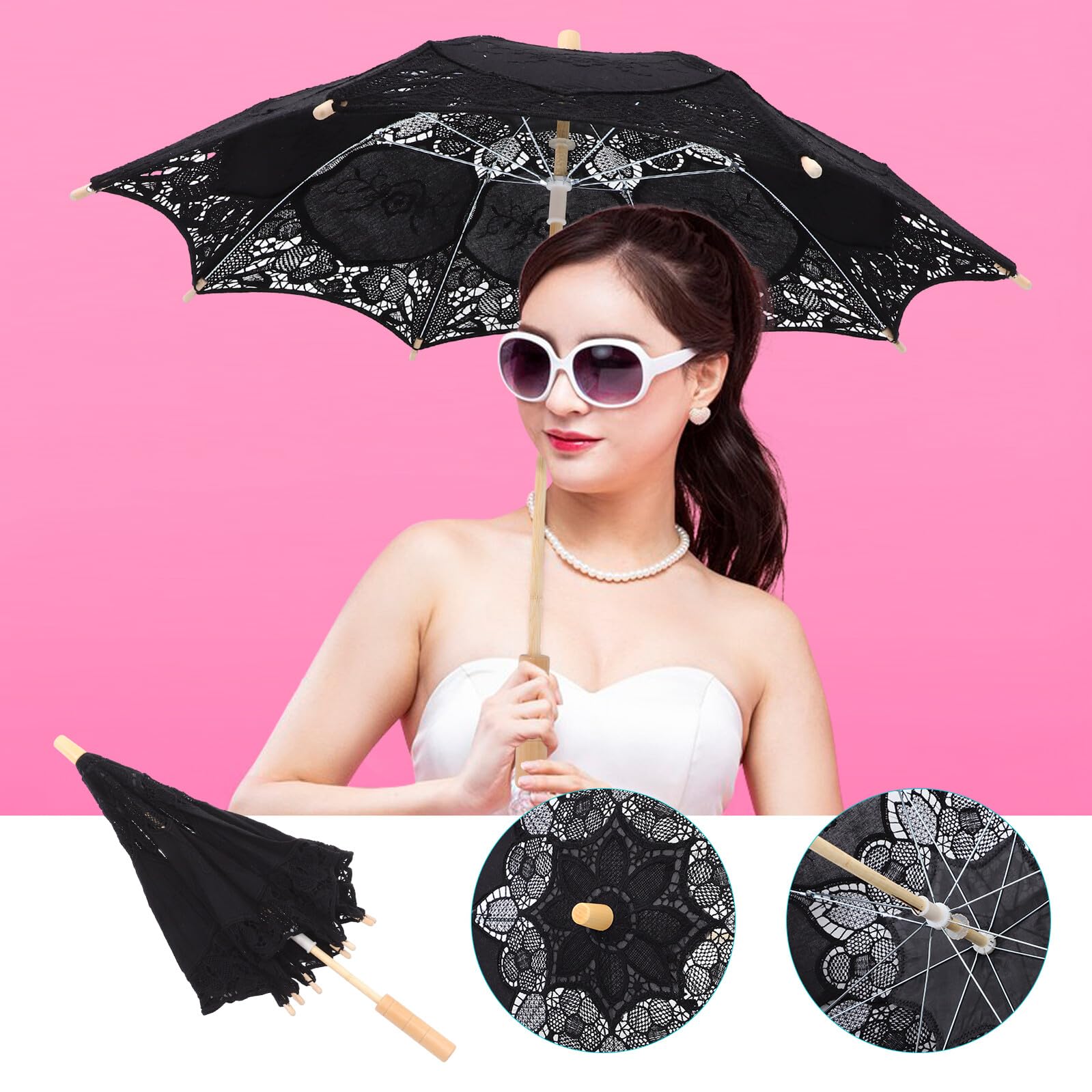 Housoutil Ombrello in Pizzo Nero per Fotografia Lavorazione Artigianale Raffinata, Design Grande Dimensione, come Accessorio per Balli dei Ragazzo Ragazza