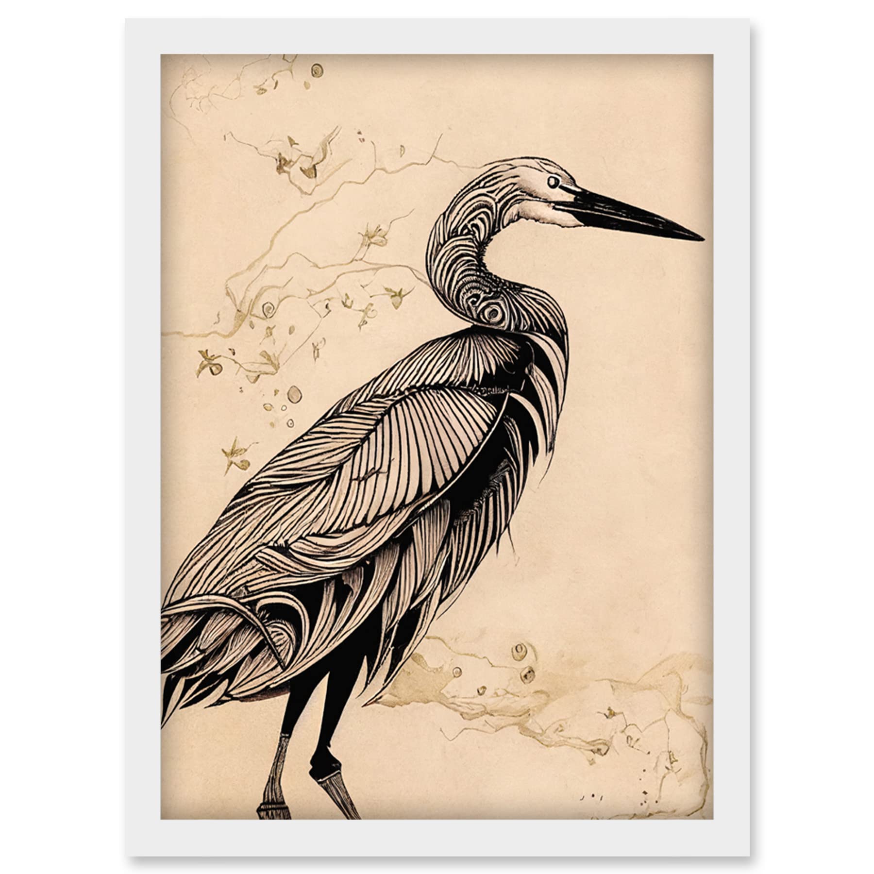 Heron Bird Ink Illustration Framed Wall Art Print A4 - Artery8