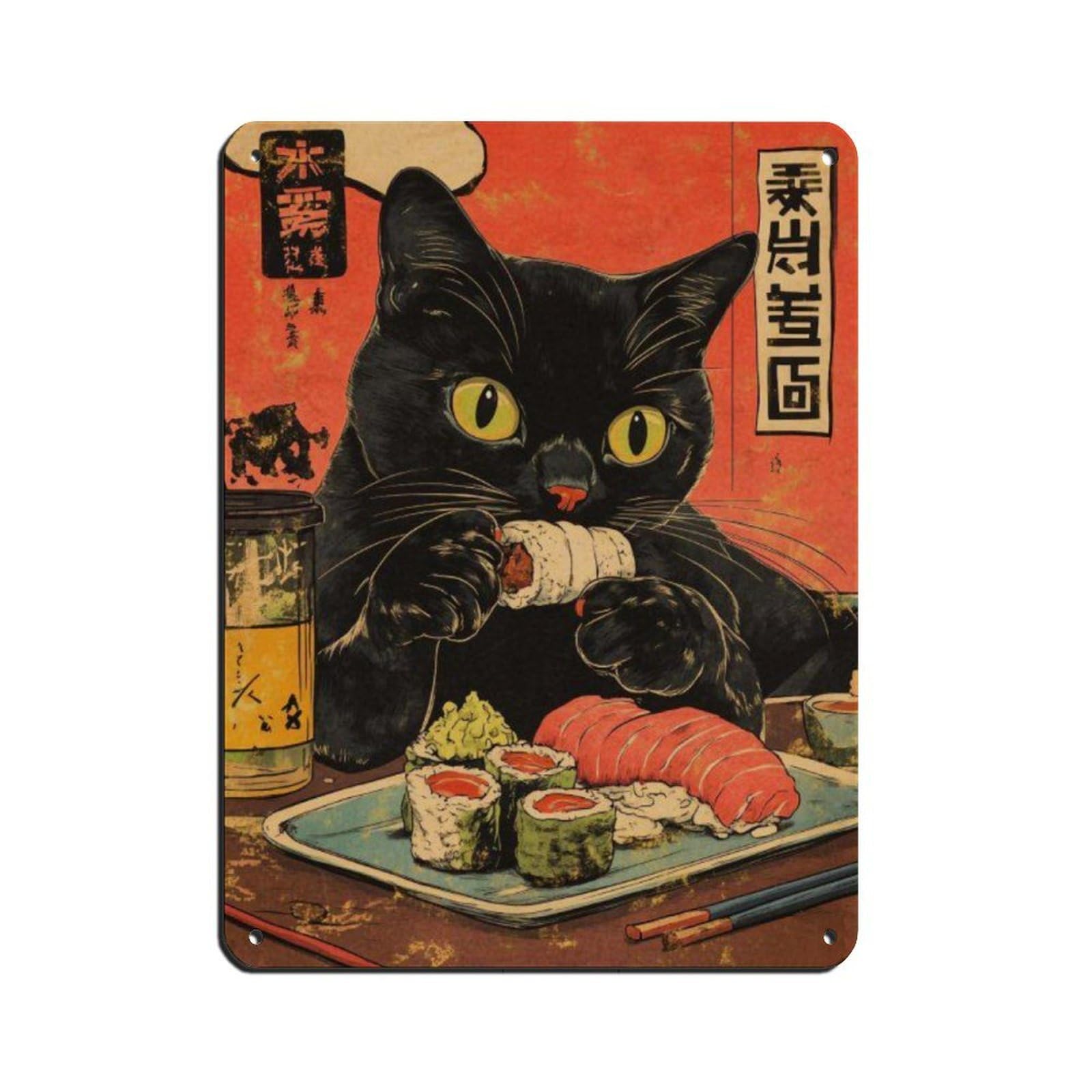 Lxwnze 30L X 40W Cm Cute Black Cat Eating Sushi Poster Tin Sign Vintage Metal Pub Club Cafe Bar Home Wall Art Decoration Poster Retro 12X16inch(30X40cm)