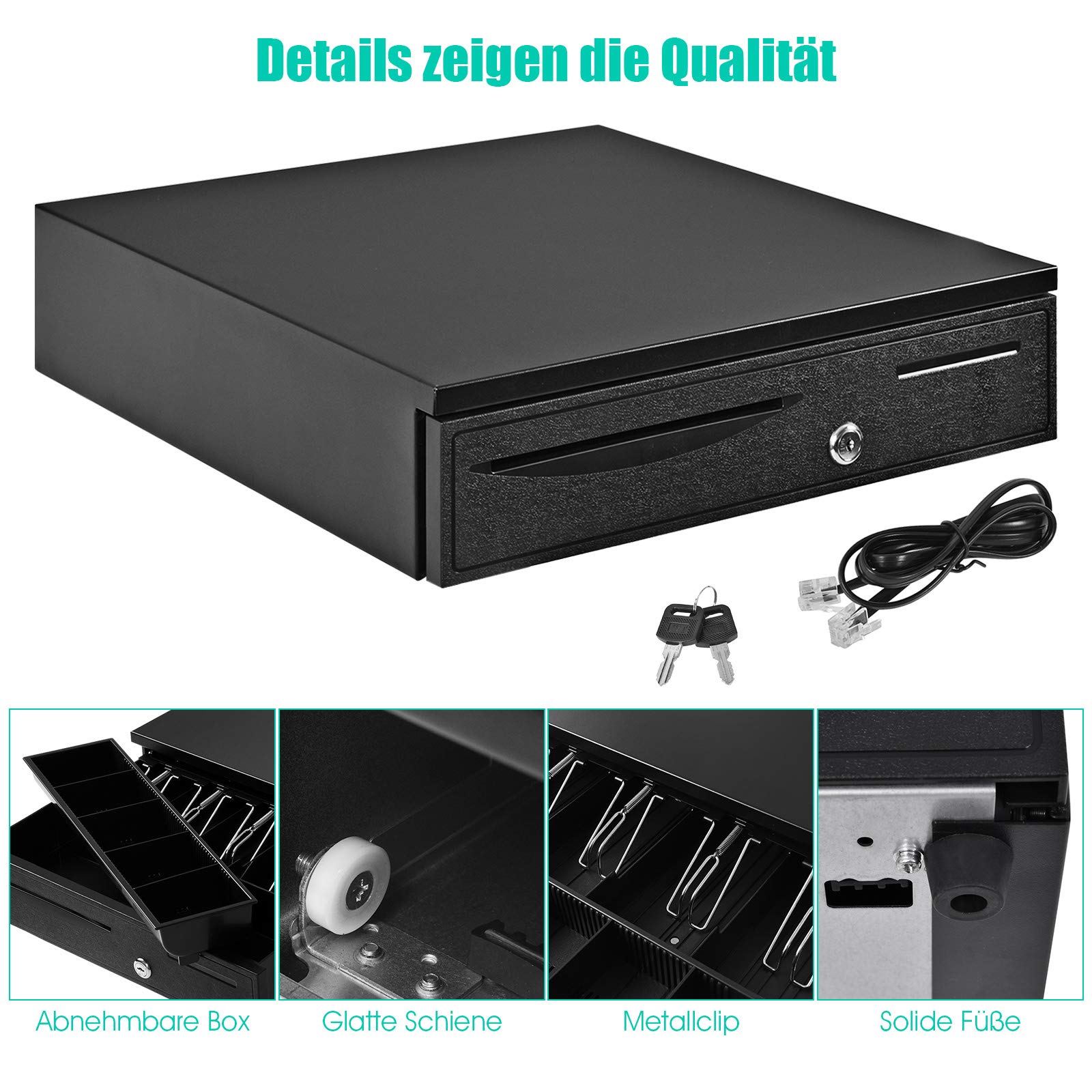 RELAX4LIFE Kassenschublade mit Schlüssel, Geldkassette abschließbar, Kassenlade Elektrisch, Münzzählbrett & Scheinfächer, Geldbox Metall, Geld Aufbewahrung 40,5 x 42 x 10 cm, Schwarz