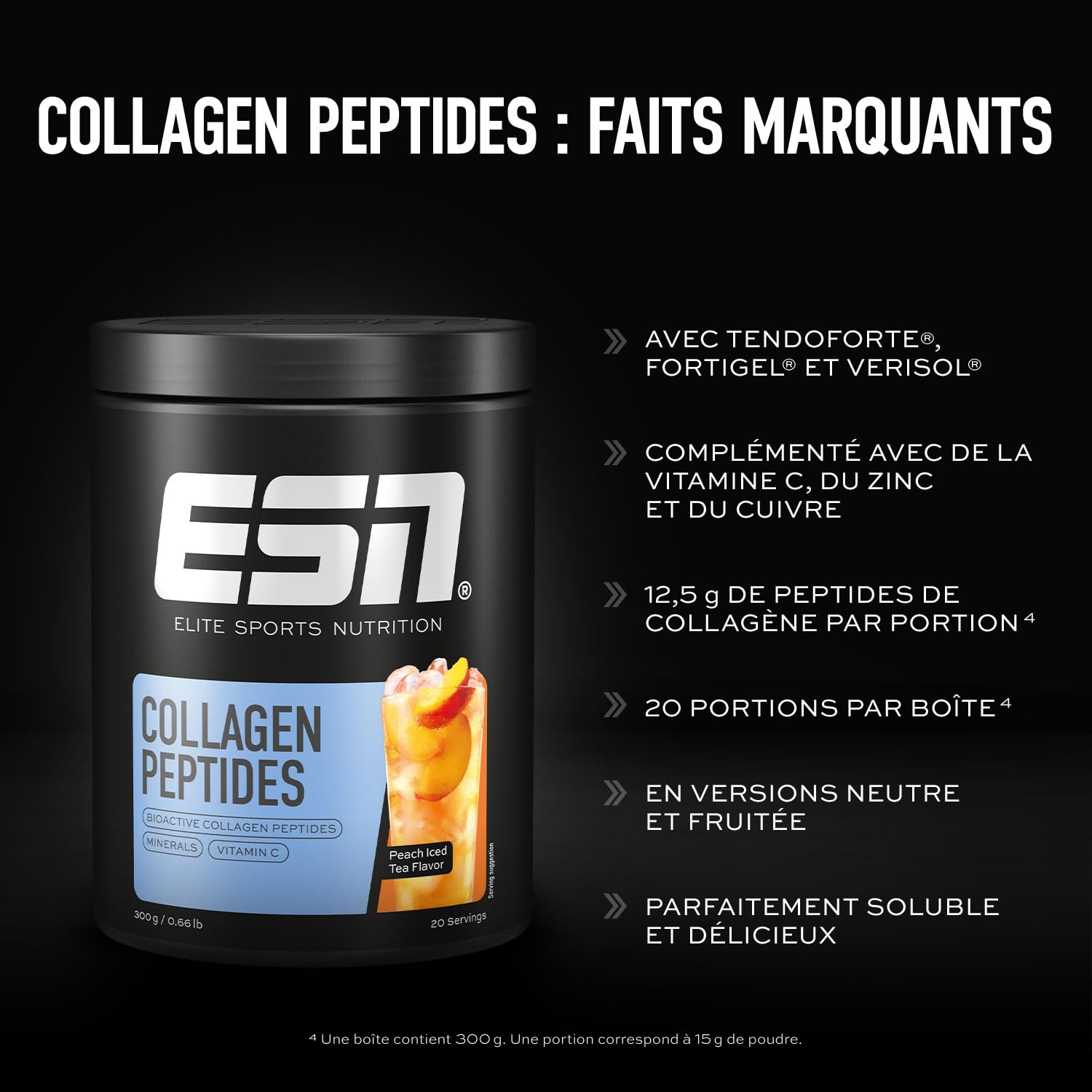 ESN Collagen Peptides, Thé glacé pêche, 300 g, avec hydrolysat de collagène, vitamines et minéraux - fabriqué en Allemagne