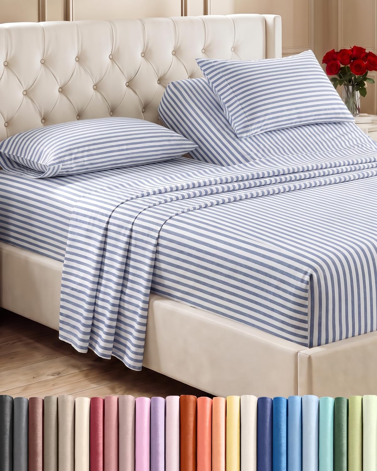 Flex Top Split Head King 4 Piece Sheet Set - Soft &amp; Cooling - Blue Stripes