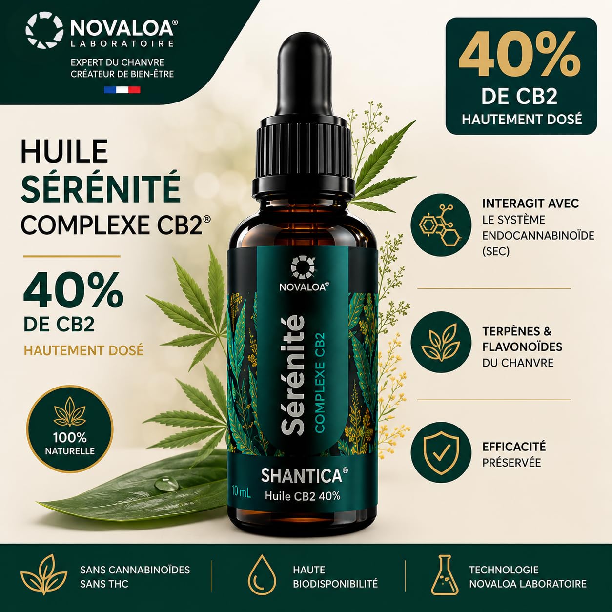 Laboratoire – Huile Sérénité Complexe CB2® 40% – Sans CBD Sans THC – 10 ml – Saveur Nature