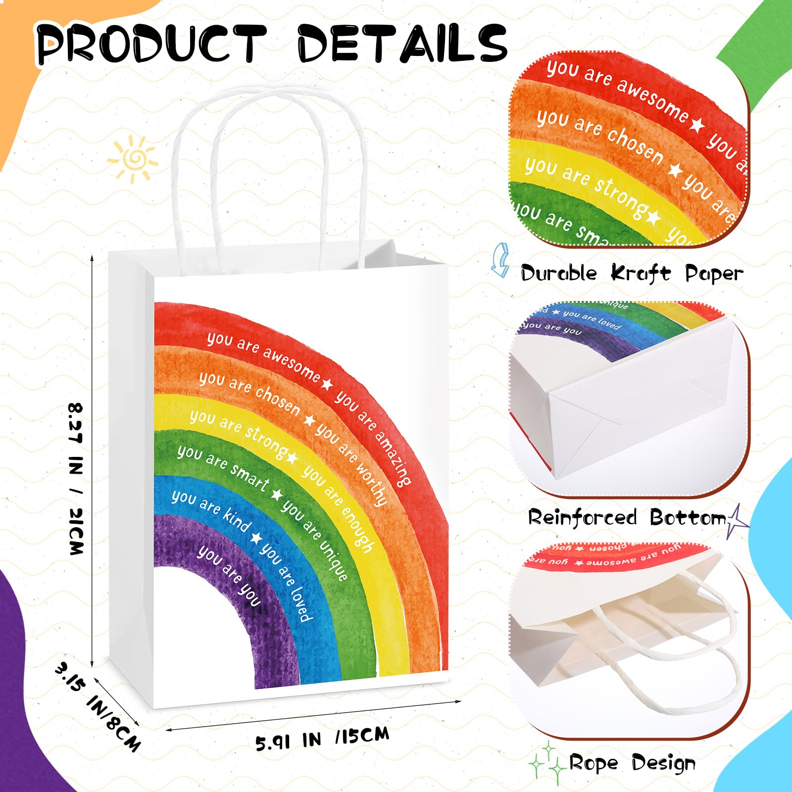 Coume 12 Pcs End of The Year Gifts Bags for Students Bulk Inspirational Colorful Paper Bags with Handle for Primary School Classroom Prize Kindergarten Preschool, 5.9 x 3.15 x 8.27 Inch (Rainbow)