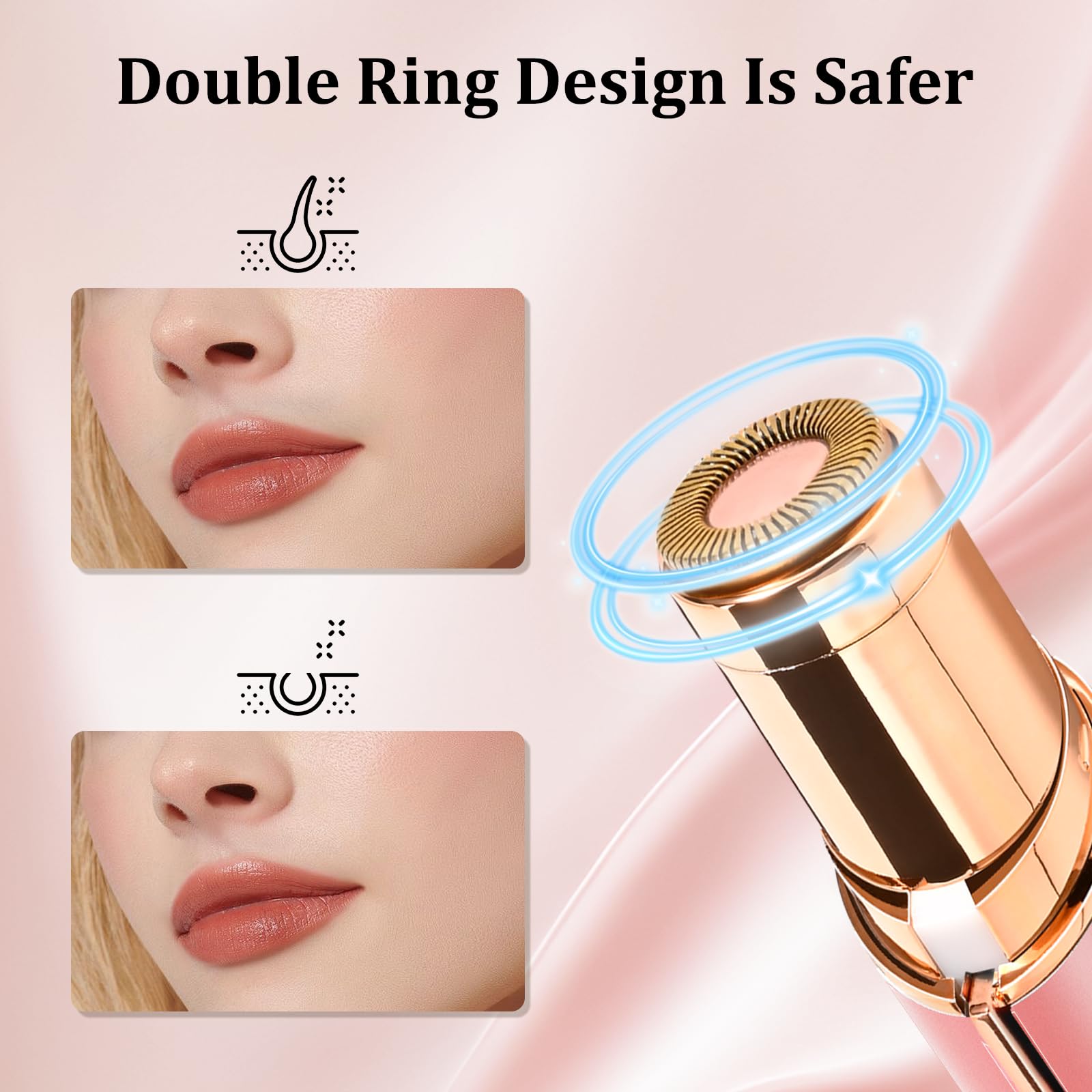 Facial Hair Removal for Women, Portable Painless Hair Remover Device, Rechargeable, with 2 Replacement Heads, for Face, Upper Lip and Chin (Rose god)