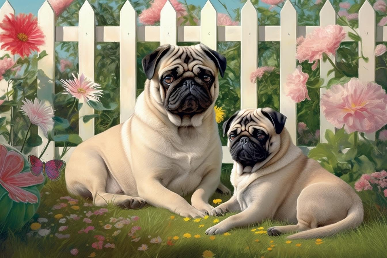 5D Diamond Painting Kit - Flowers And Pug Animal Design, Round Diamond Art For Adults Home Decor 12x16 Inch