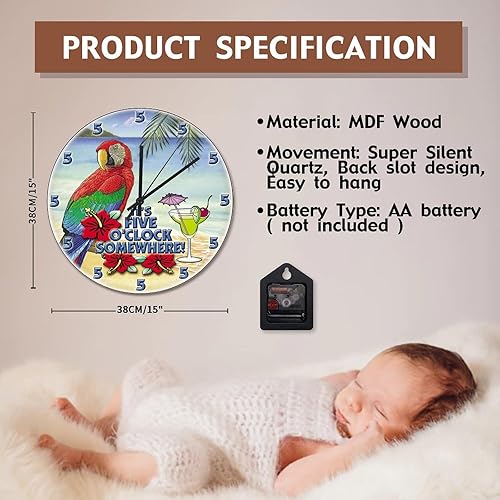 Miniatura 6 de ArogGeld Reloj de pared de playa tropical en algún lugar, reloj de pared redondo de 15 pulgadas, funciona con pilas, silencioso, sin tictac, reloj
