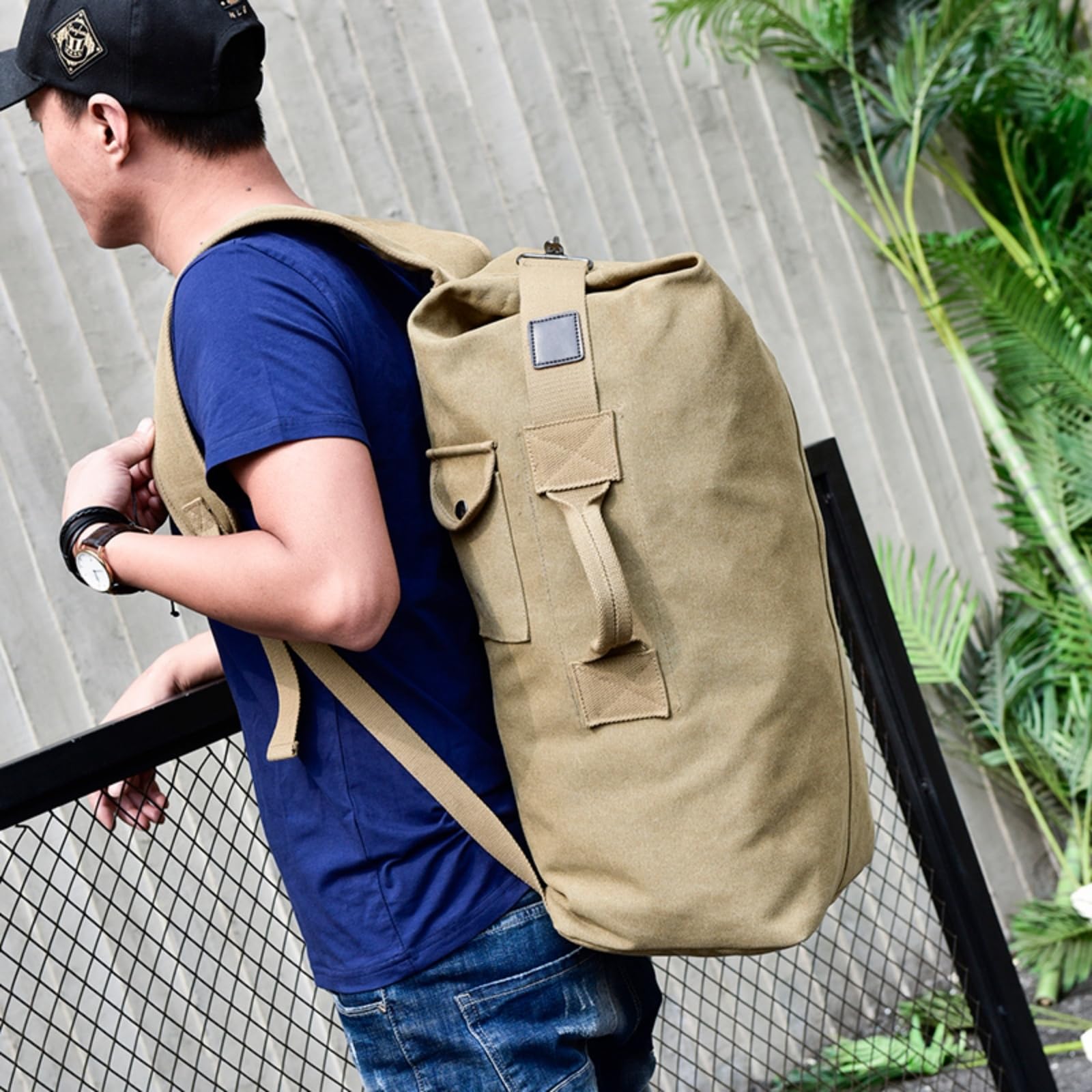 Mochila escolar Zaino A Secchio in Tela di Grande capacità per Gli Uomini, Borsa Spalla Multifunzionale Escursioni All'aperto E nel Fine Settimana Black-Big 30x55x20cm