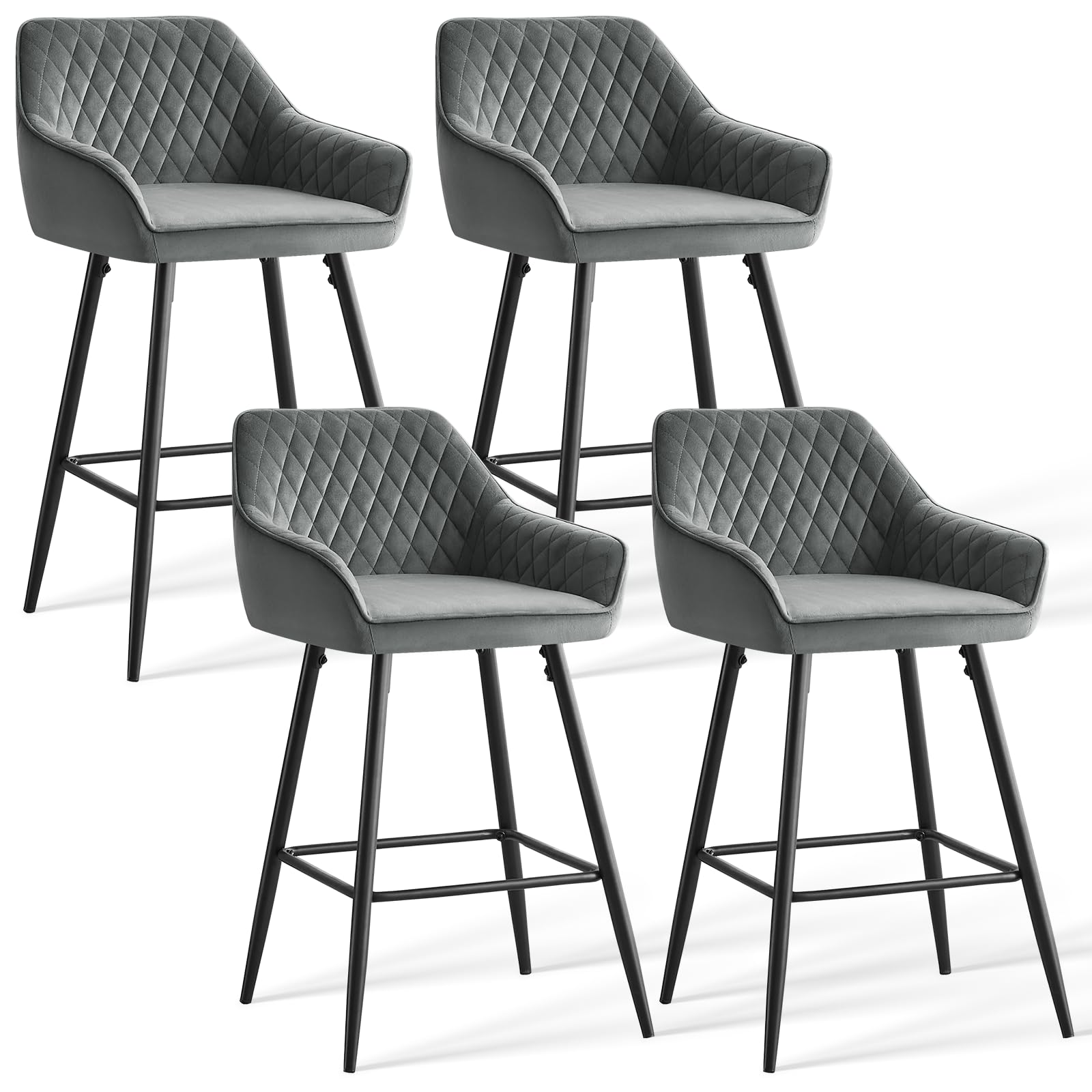 JaHECOME Set of 4 Velvet Bar Stools Upholstered Seat Bar Chairs Armrest Backrest Footrest Metal Legs Kitchen Breakfast Counter Pub Cafe(4,Grey)