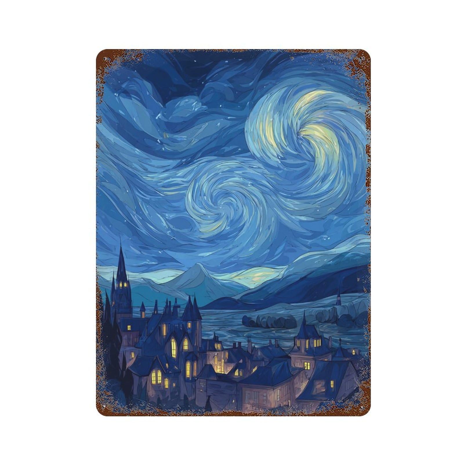 Starry Night Cityscape -5 Rust Effect Tin Sign 15.7"x11.8", Rustic Home Decor for Cafe, Home Bar And Lounge Decor
