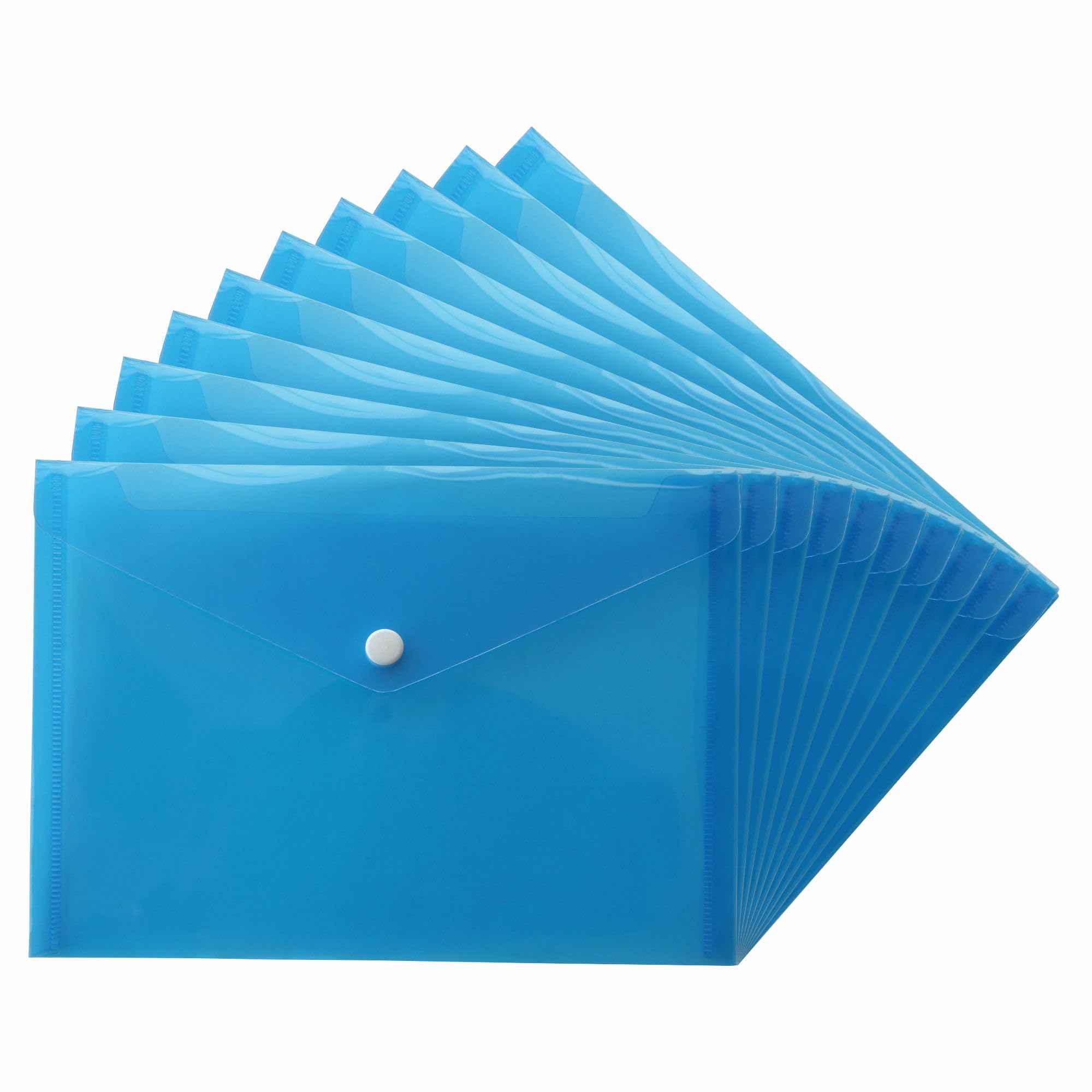M1SS A5 Document Wallets Pack of 30 – Transparent Plastic File Folders with Secure Snap Button Closure, Waterproof Document Holder, Strong Precision Welded Design for School, Office & Storage (Blue)