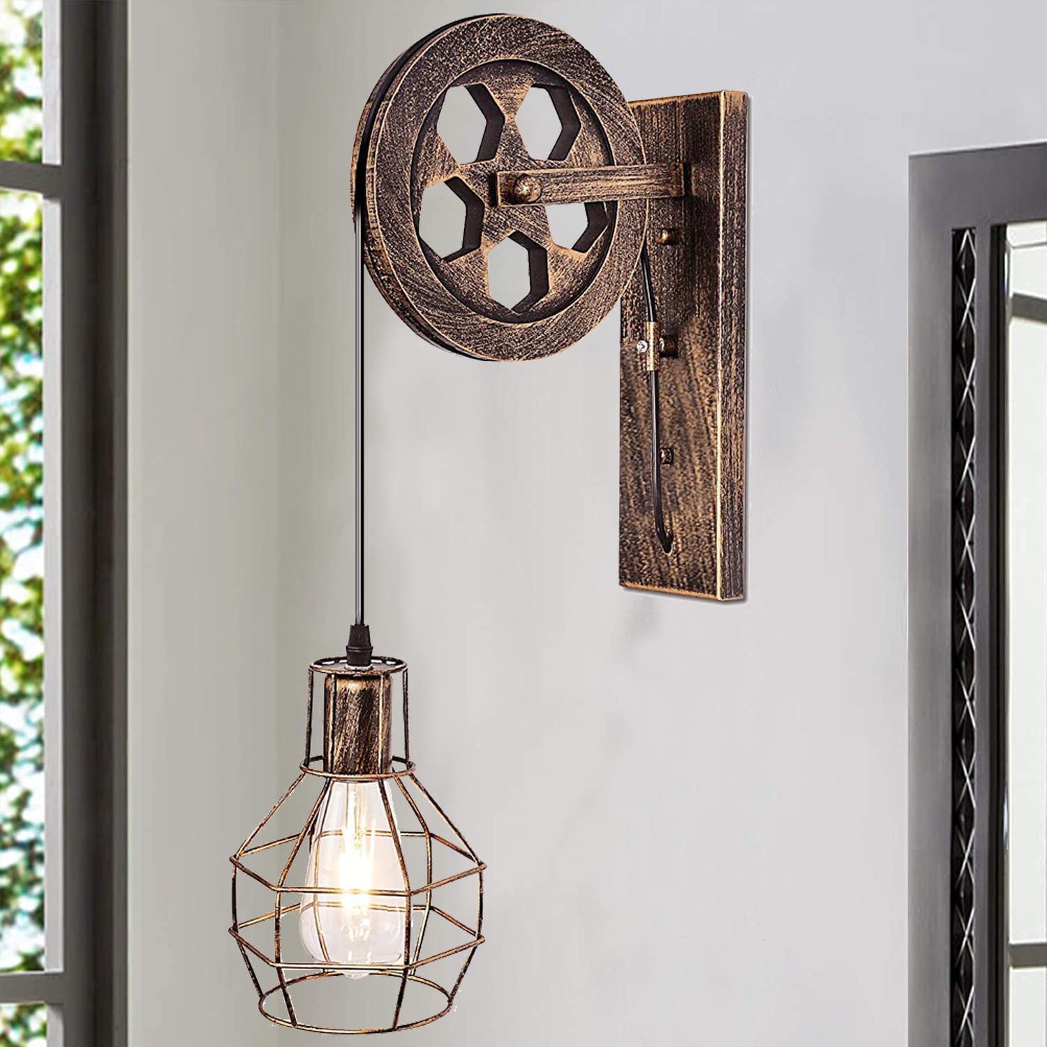 iDEGU 2 Stück Wandleuchten Vintage Wandleuchte im Industrial Design Retro Lampe Holz Riemenscheibe 1 flammige Hängelampe für Wohnzimmer Küche Restaurant (Bronze)