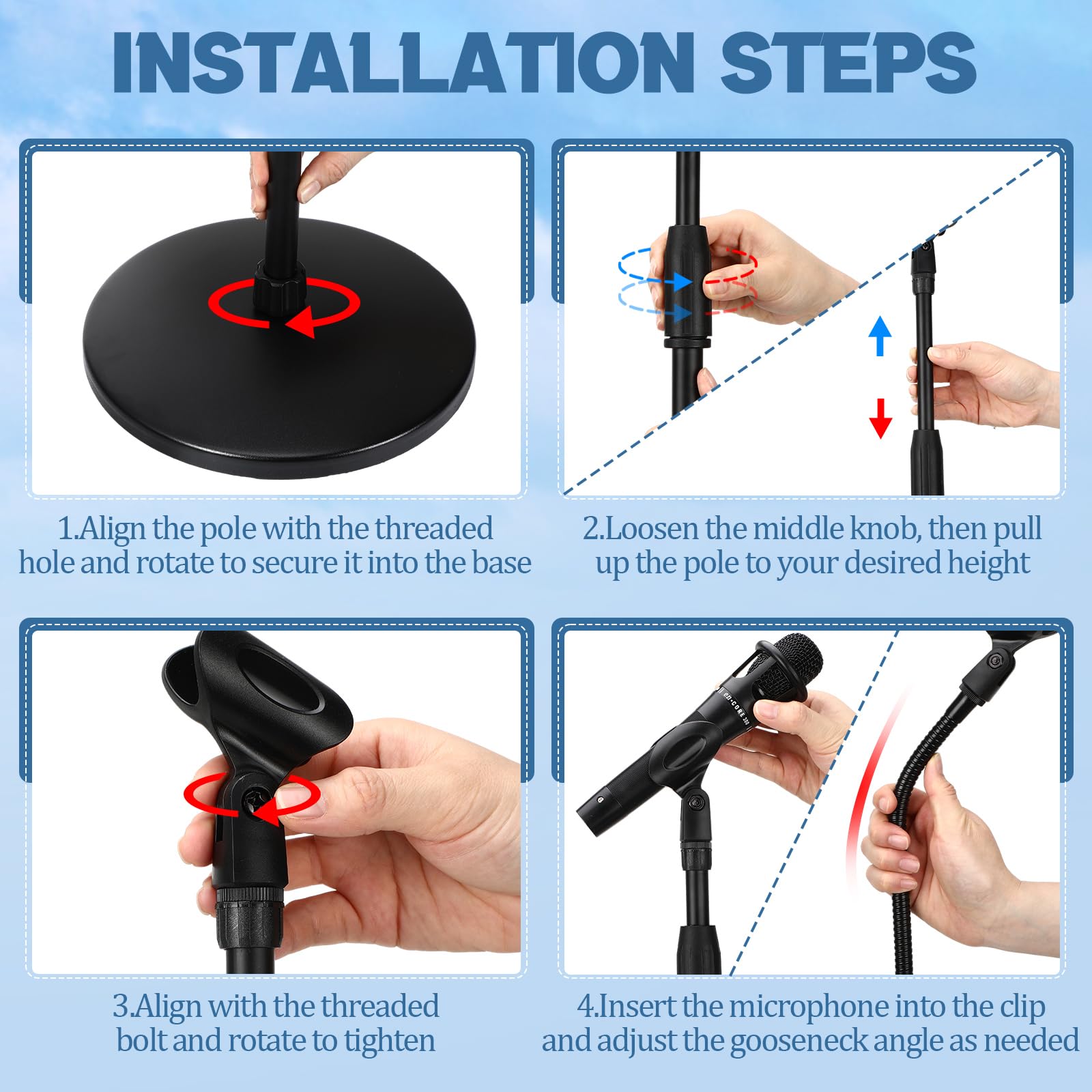 DoubleFill Asta per microfono con una mano con base rotonda pesante e staccabile a collo d'oca, regolazione dell'altezza, supporto telescopico per microfono per canto, concerti