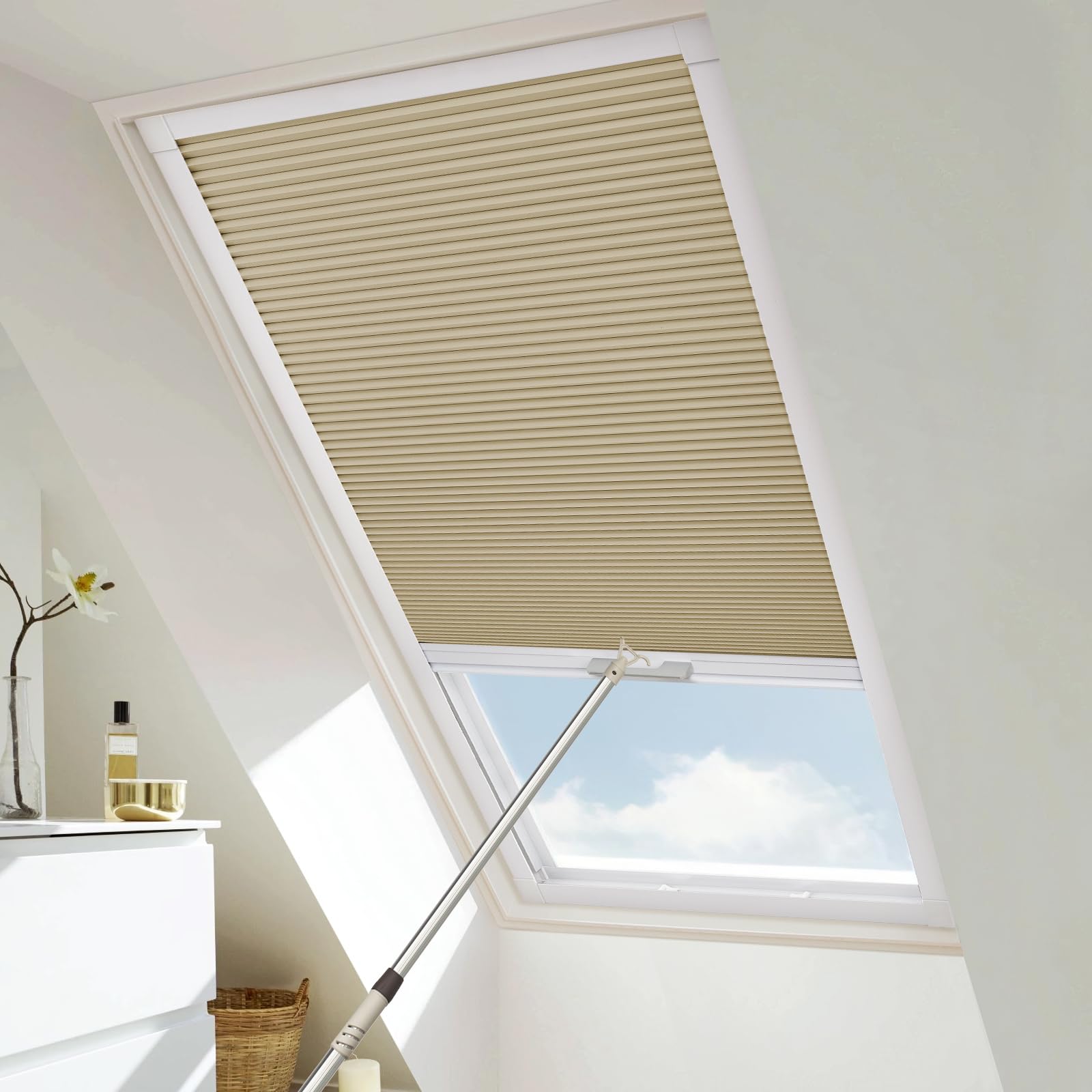Moonice Cordless Skylight Blinds Blackout Honeycomb Roof Blinds Cellular Pleated Shades for Ceiling Easy to Install Custom Window Shades for Roof Inclined Plane Room (Coffee, Custom Size)