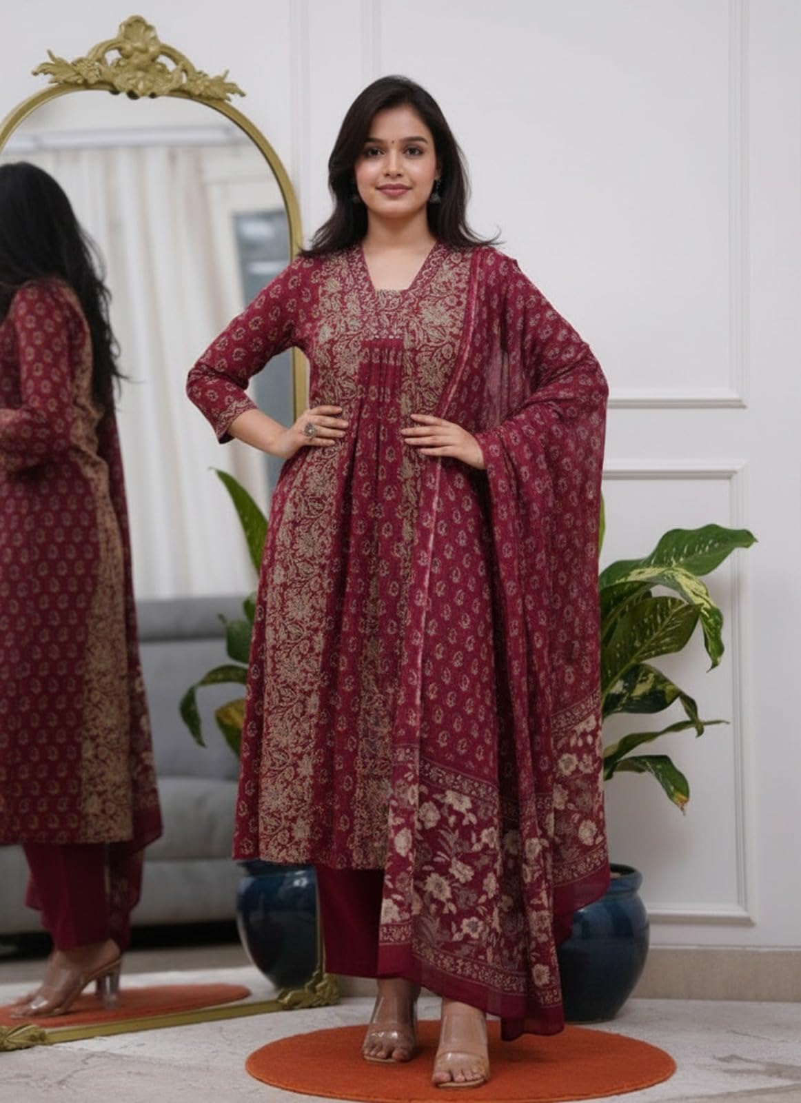 ANNI Designer Anarkali Kurta mit Hose und Dupatta für Damen, Rayon-Viskose, bedruckt