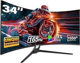 Gawfolk Monitor de jogos curvado ultra amplo de 34 polegadas, tela de PC 1500R 165hz UWQHD 4K, tela curva para computador com FreeSync, suporte de parede 75 x 75 mm - preto
