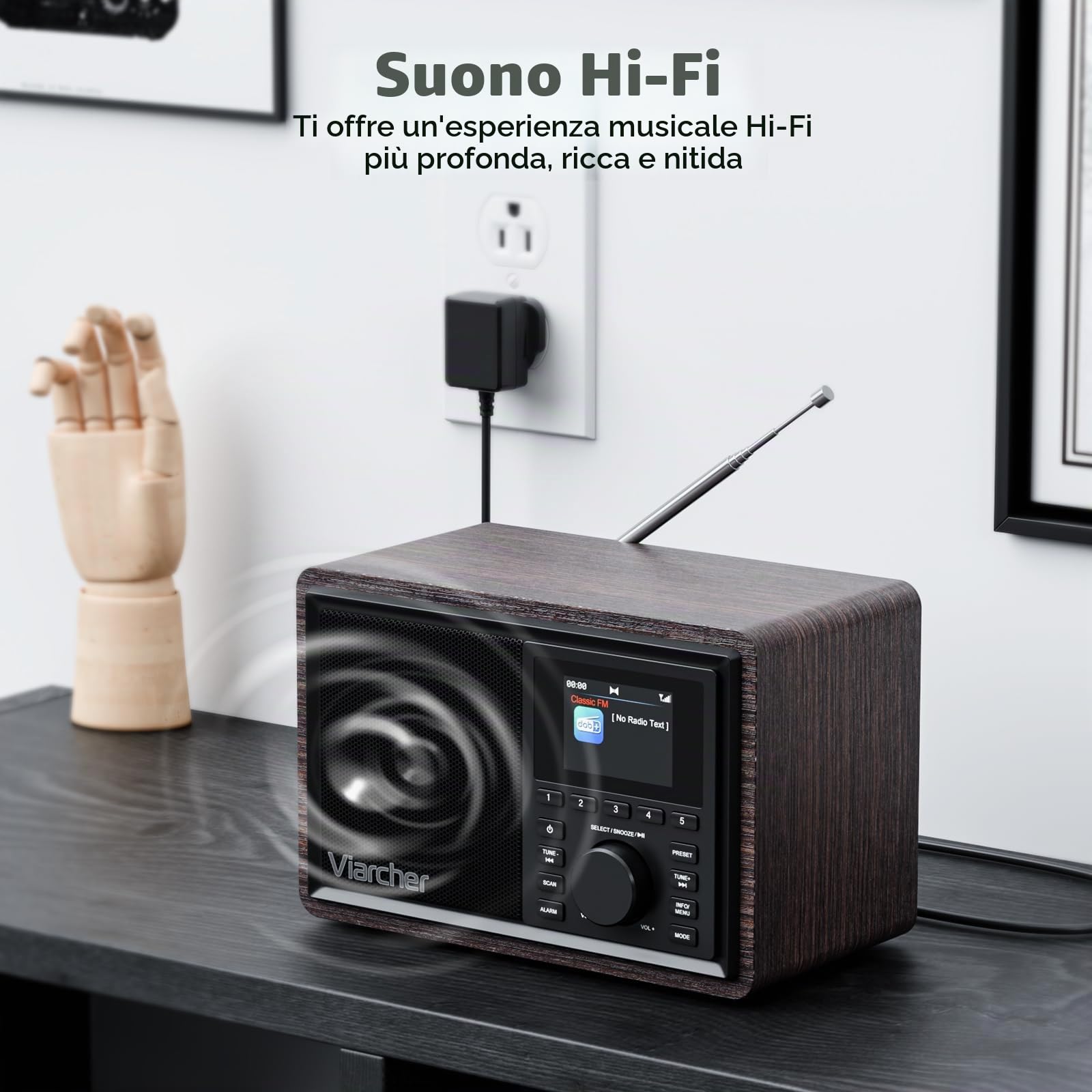 DAB/DAB+ e Radio FM Digitale con Bluetooth, doppia sveglia, timer di spegnimento, 60 preset, AUX IN, jack cuffie, display a colori 2.4'', radio da cucina per casa, noce