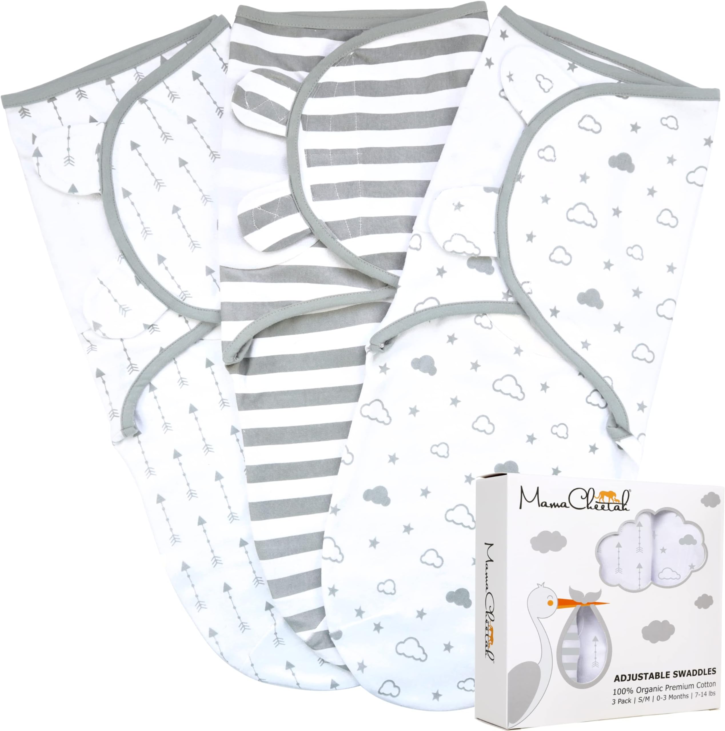 Mama Cheetah 100% Organic Cotton Baby Swaddle Blanket 3-Pack, Adjustable Newborn Swaddle Sleep Sacks, Easy Swaddles for Boys and Girls, Nursery Swaddling Essentials, 0-3 Months