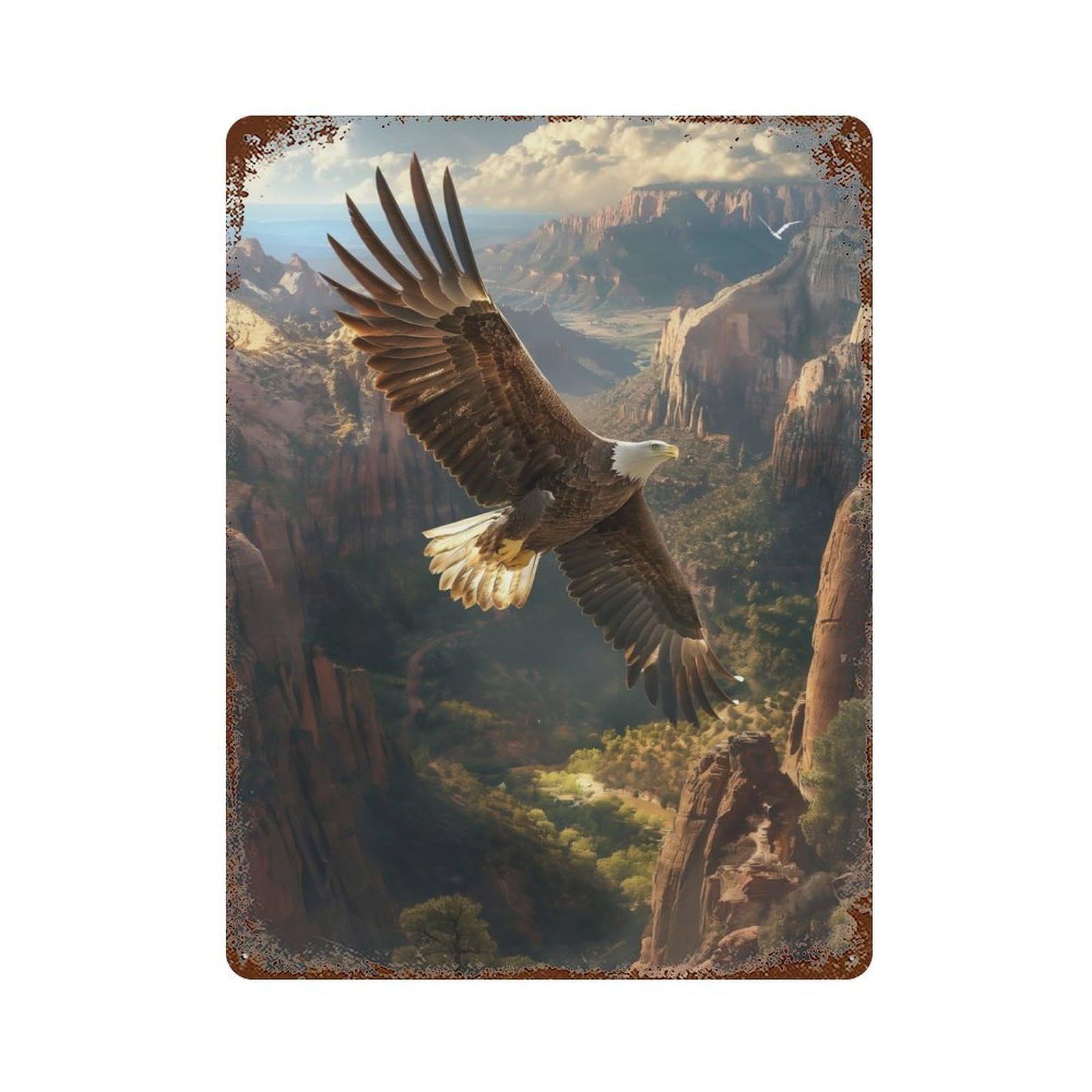 Weathered Tin Sign with Eagles Canyon Flight Design 15.7"x11.8", for Garage, Bar And Workshop Decor, Decorative Metal Wall Art