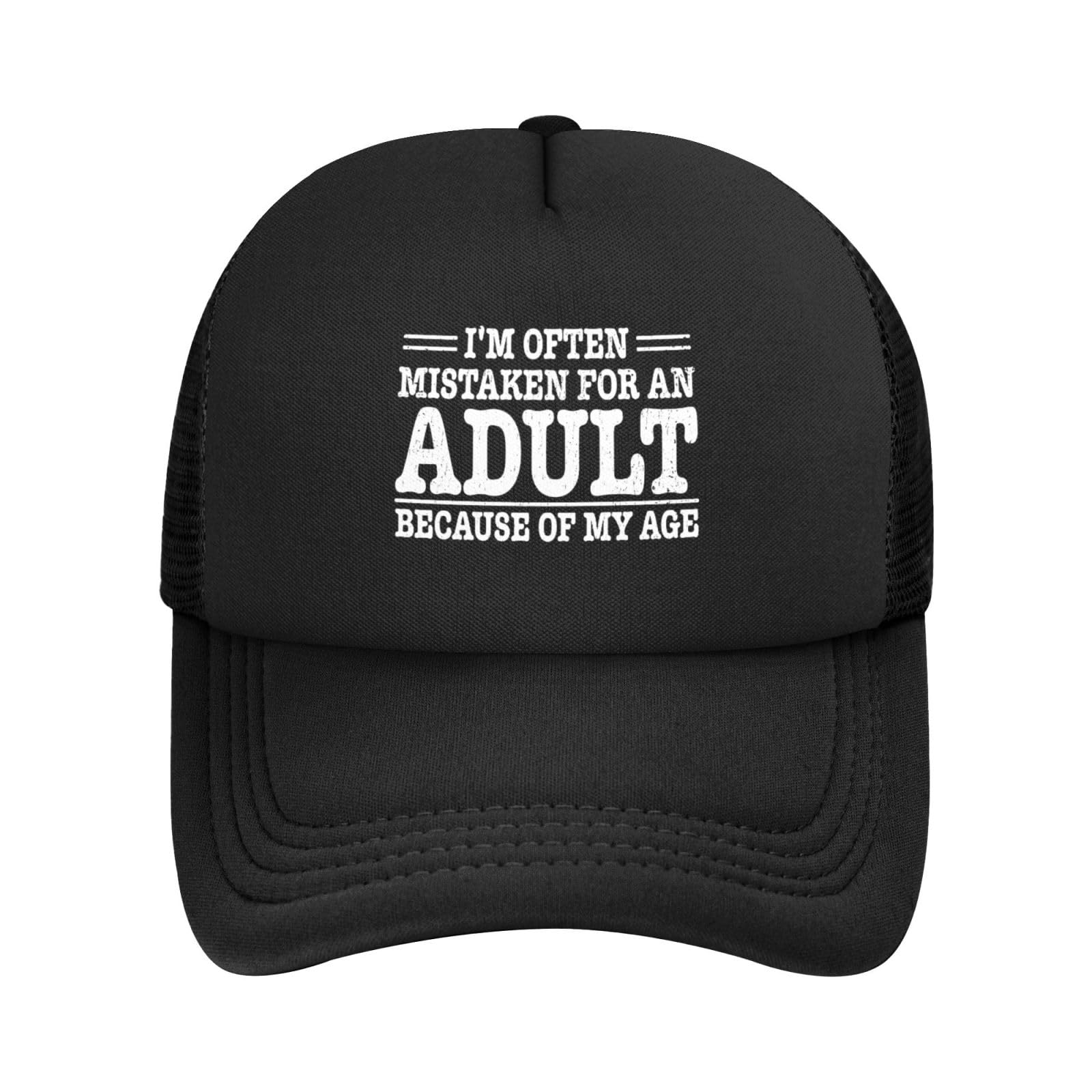 Melbrakin Unisex Black I'm Often Mistaken For An Adult Because Of My Age Trucker Hat For Women Men Adjustble Mesh Baseball Cap Funny Fishing Caps