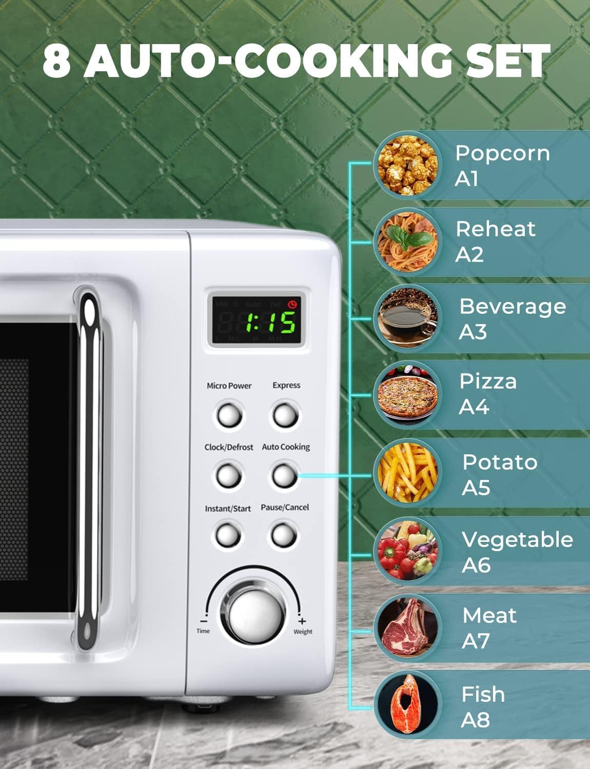 Control panel of SIMOE Retro Microwave Oven with 8 auto-cooking settings