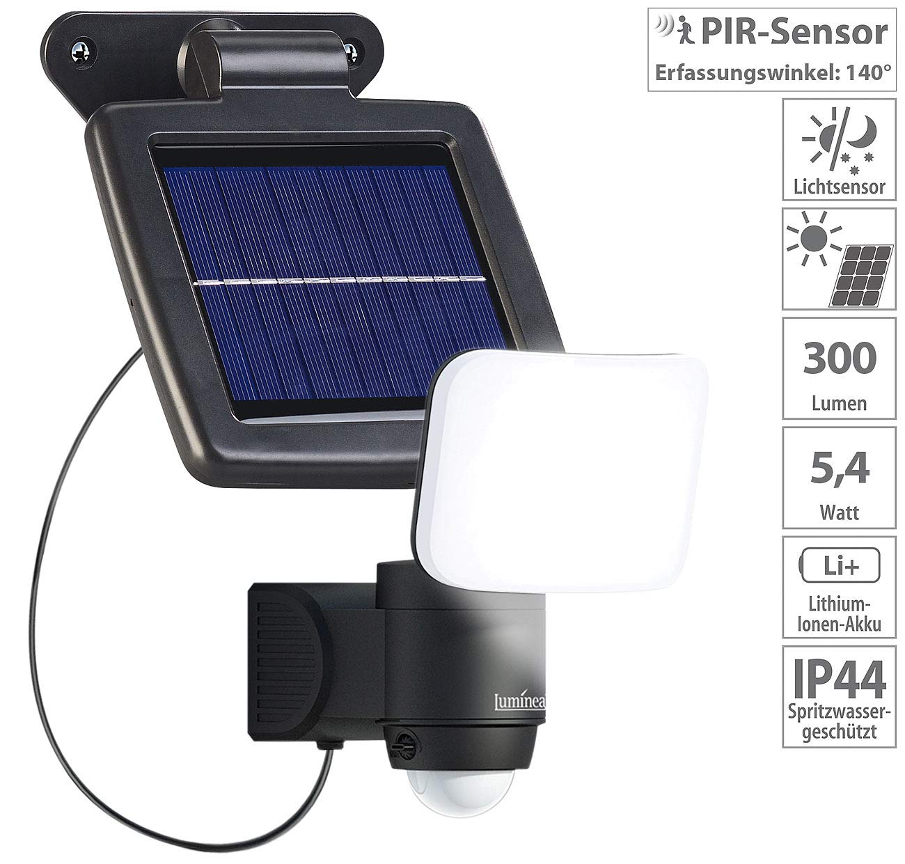 Luminea Solar-Strahler Outdoor: 4er-Set Solar-LED-Wandfluter für außen, PIR-Sensor, 5,4W, 300 lm, IP44 (Strahler Außenbereiche, Scheinwerfer außen)