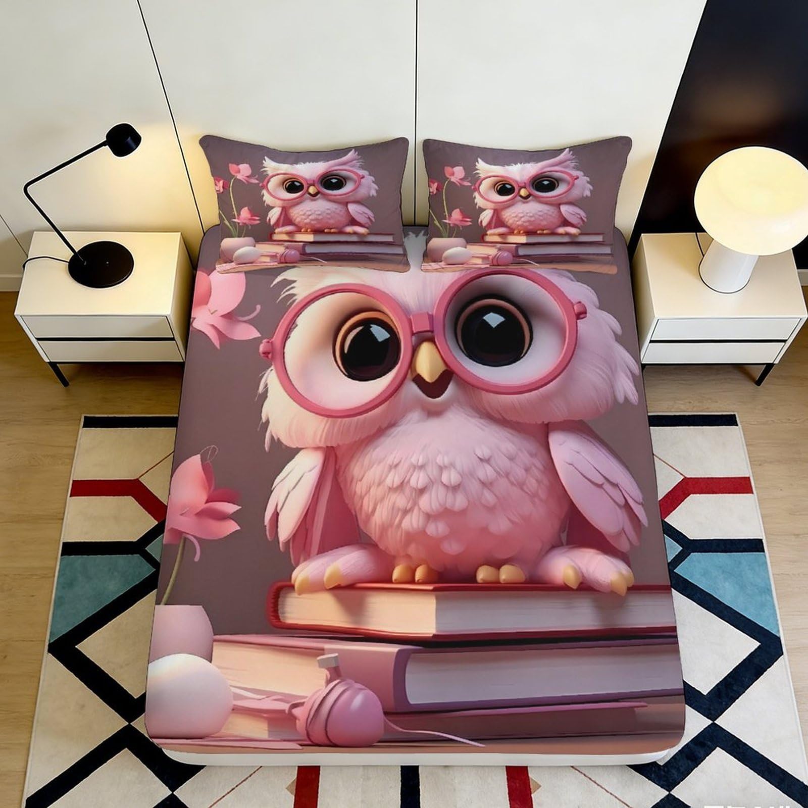 Jqzkxnhpbr Style-10 3D Printed Pink Owl Fitted Sheet Microfiber Soft Breathable Cartoon Book Mattress Cover For Bedroom Dorm Decor 90X200x25cm