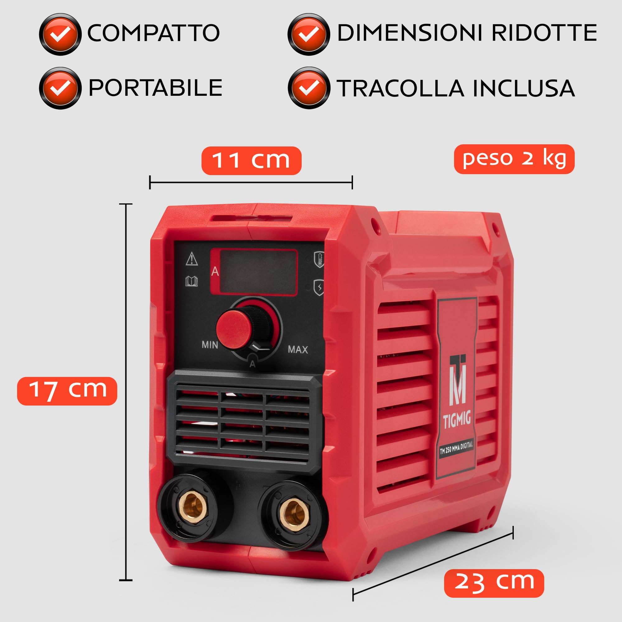 TIGMIG Saldatrice Inverter DC MMA (Elettrodo), Fino a 120A, Modello TM 250 MMA DIGITAL, Tecnologia IGBT, Dimensioni ridotte, Assistenza e Garanzia Italia