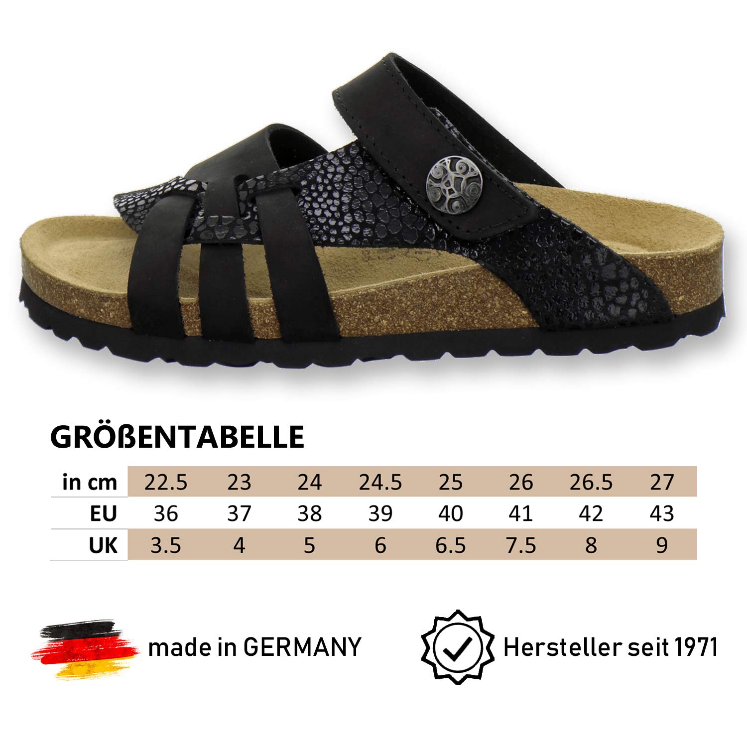 AFS-Schuhe 2120 Damen Pantoletten aus Leder mit Klettverschluss, Bequeme Hausschuhe für Frauen mit Fußbett, Made in Germany