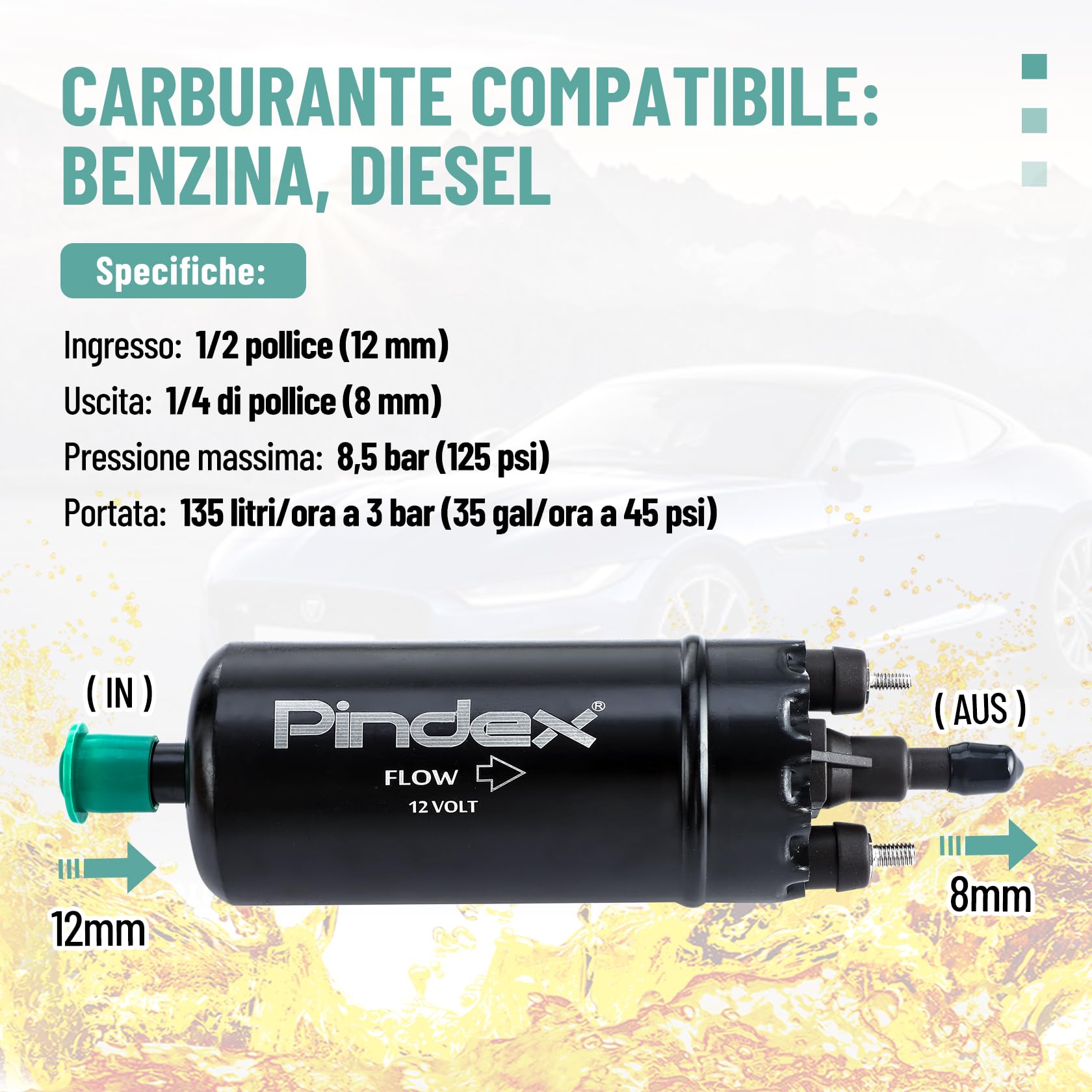Pindex 0580464070 Pompa Elettrica per Carburante 12 V Ad Alta Pressione In Linea con Supporto Antiurto per Motore Auto,125 PSI 8.5 Bar,Nero