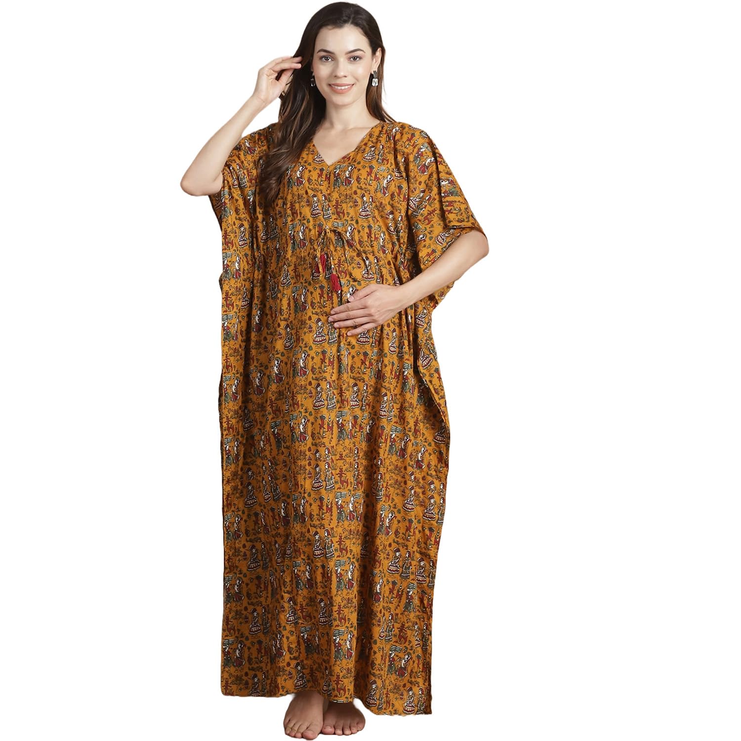 Mustard Ethnic Cotton Maternity Kaftan/Free Size/Feeding/Nursing/Zipper/Drawstring/Printed/Full Length