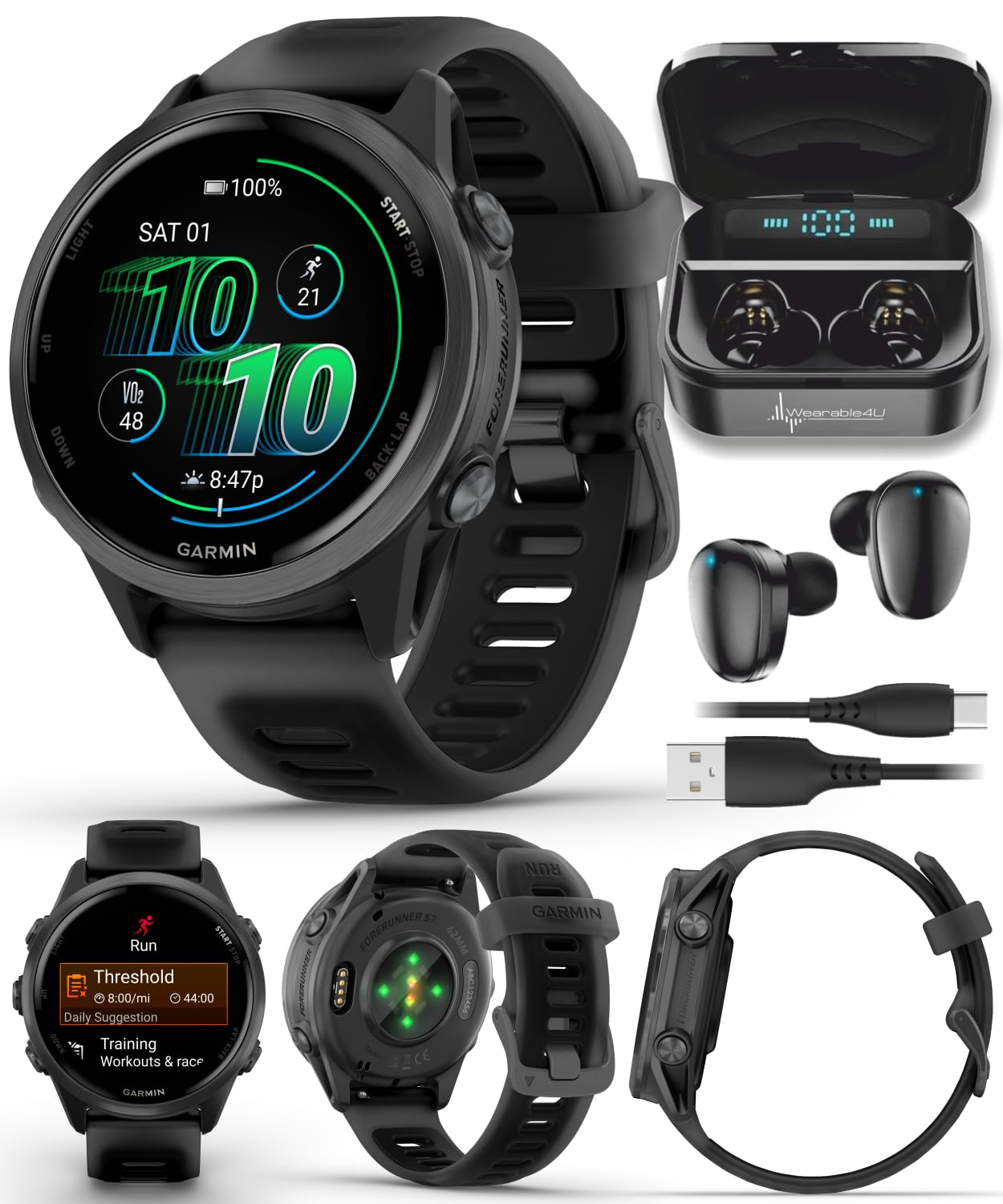 Garmin Forerunner 570 42mm Advanced GPS Running &amp; Triathlon Smartwatch, AMOLED Display, Slate Gray Aluminum, Translucent Black &amp; Black Band w/ Wearable4U BLK Earbuds Bundle