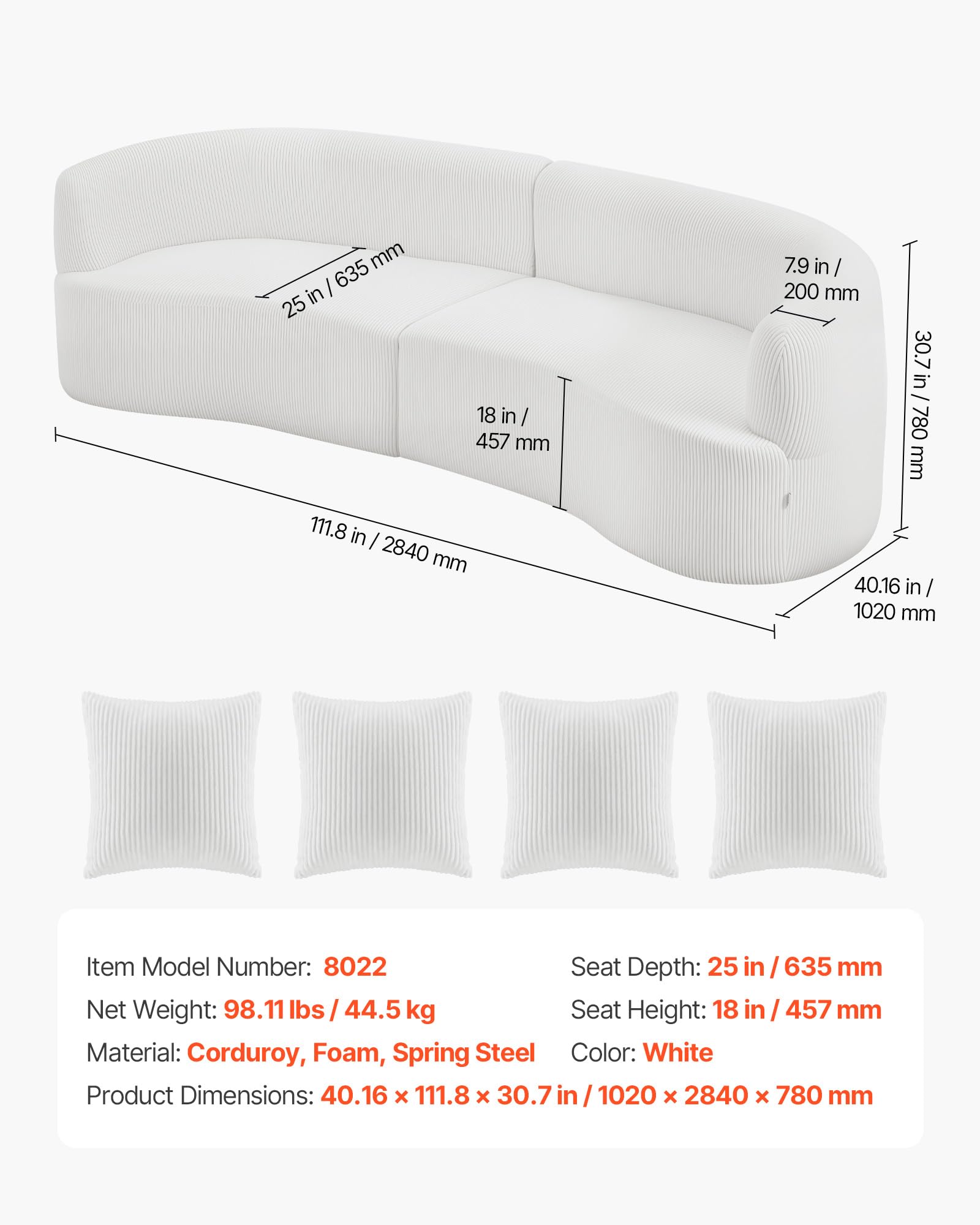 VEVOR Canapé modulaire incurvé 2840 mm, canapé sectionnel moderne avec 4 coussins, sofa de salon surdimensionné en velours côtelé avec assise large et profonde pour chambre, appartement, bureau, blanc