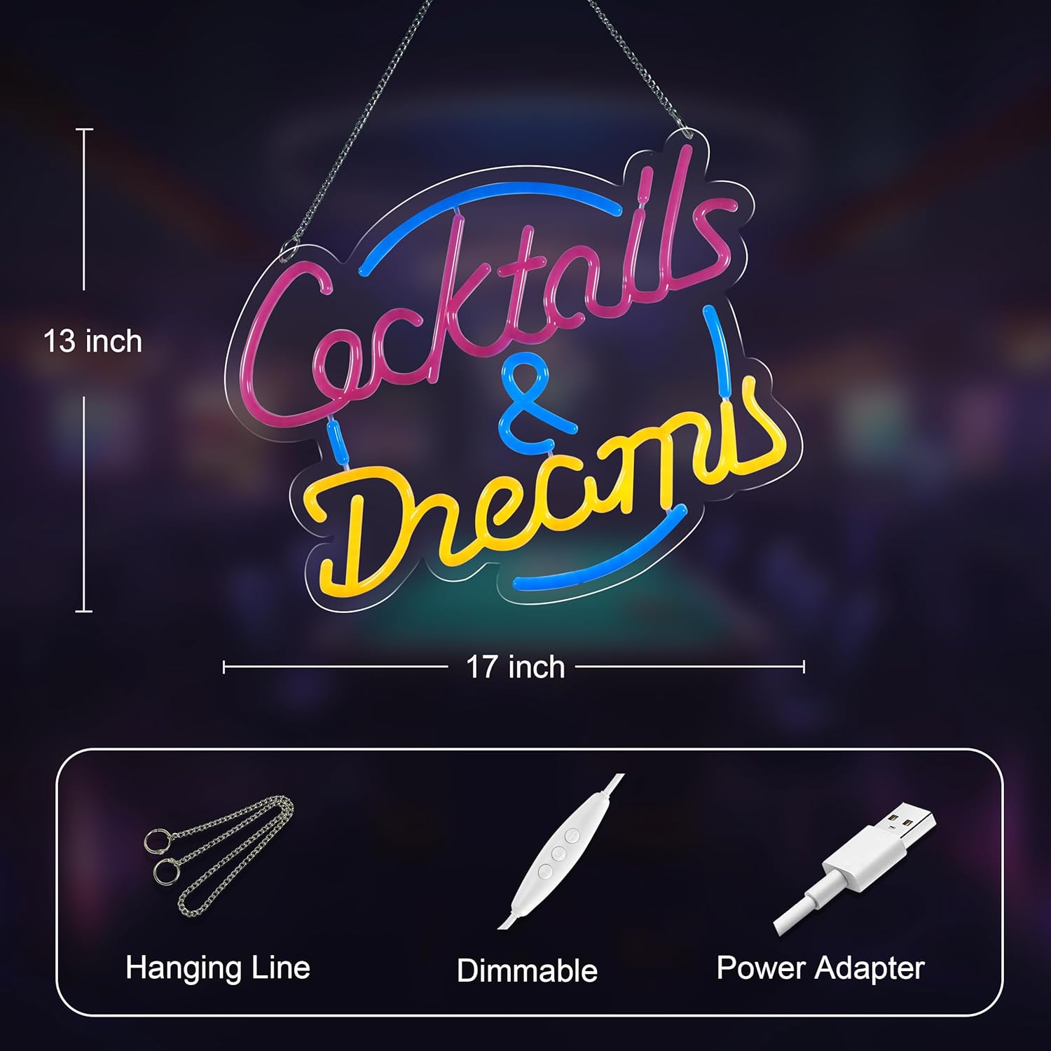 Cocktails and Dreams Neon Sign,Innovative Integral Forming Process,With Dimmable Switch For All Holiday Party and Home Decoration - Image 6
