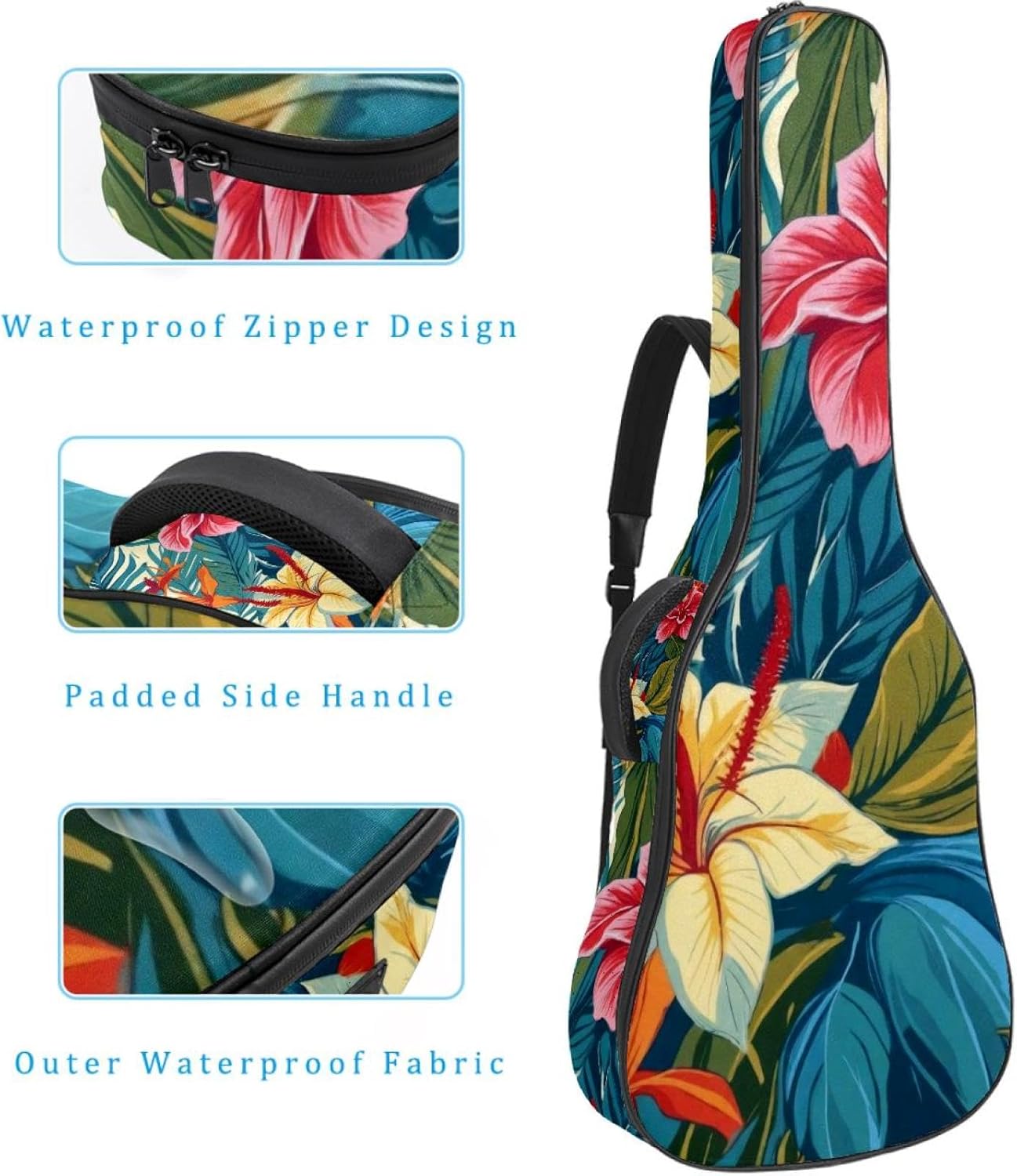 Acoustic Guitar Gig Bag 1 cm Thick Padding, Waterproof Electric Guitar Bag 40-42 Inch Guitar Case Backpack with Dual Shoulder Strap, Colorful Tropical Leaves Pattern