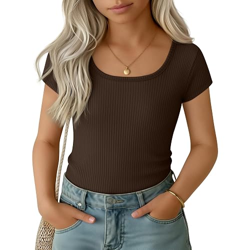 Oakgarden Girls Cap Sleeve T-Shirts Kids Ribbed Knit U-Neck Tops Fitted Short Sleeve Shirts Cute Summer Basic Tees 5-14 Years