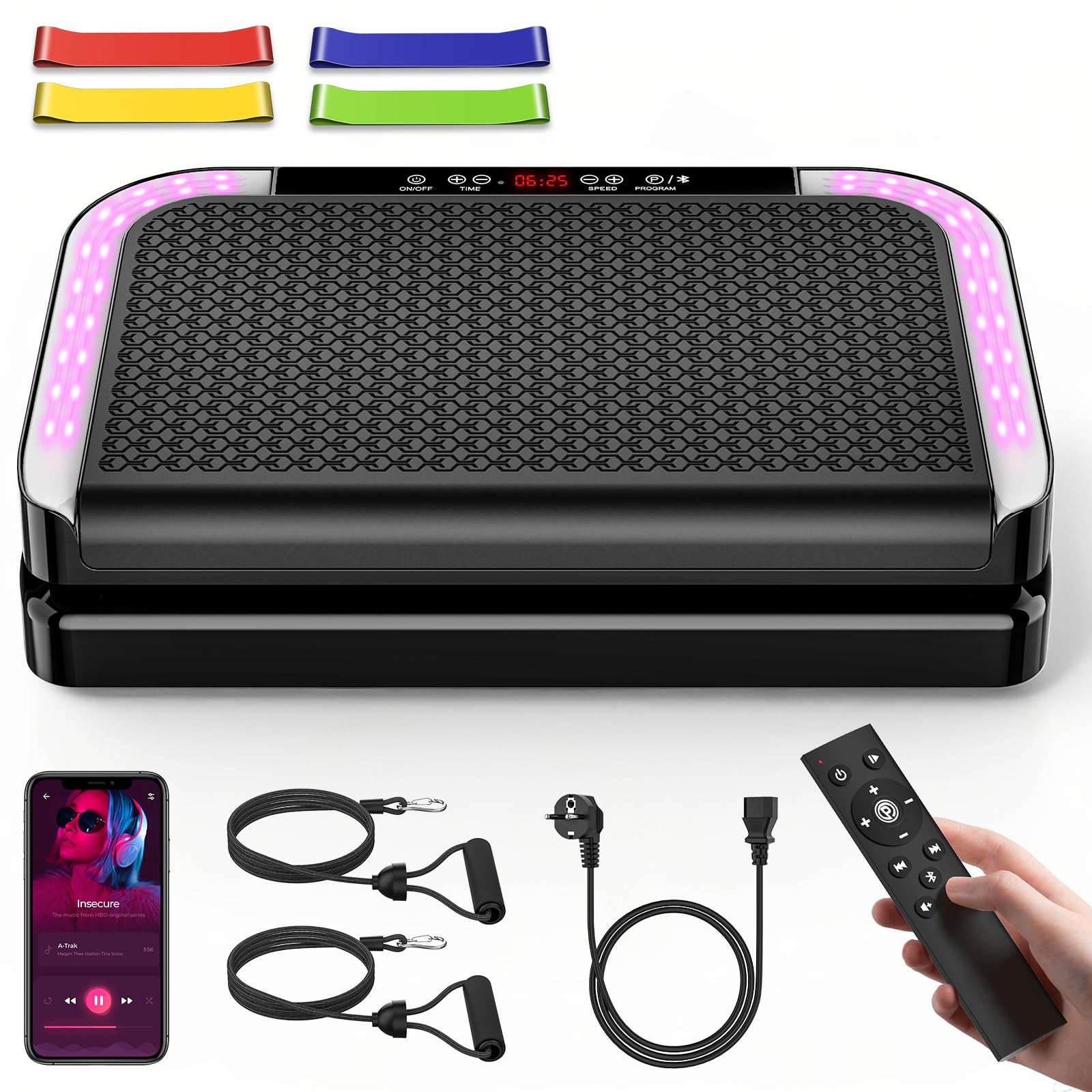 Plateforme Vibrante, Plaque Vibrante Fitness avec 200 Niveaux d'Intensité, 9 Programmes Sport, Haut-Parleur Bluetooth, Télécommande, Bandes et Cordes de Résistance , Écran LED, Capacité de 200 kg