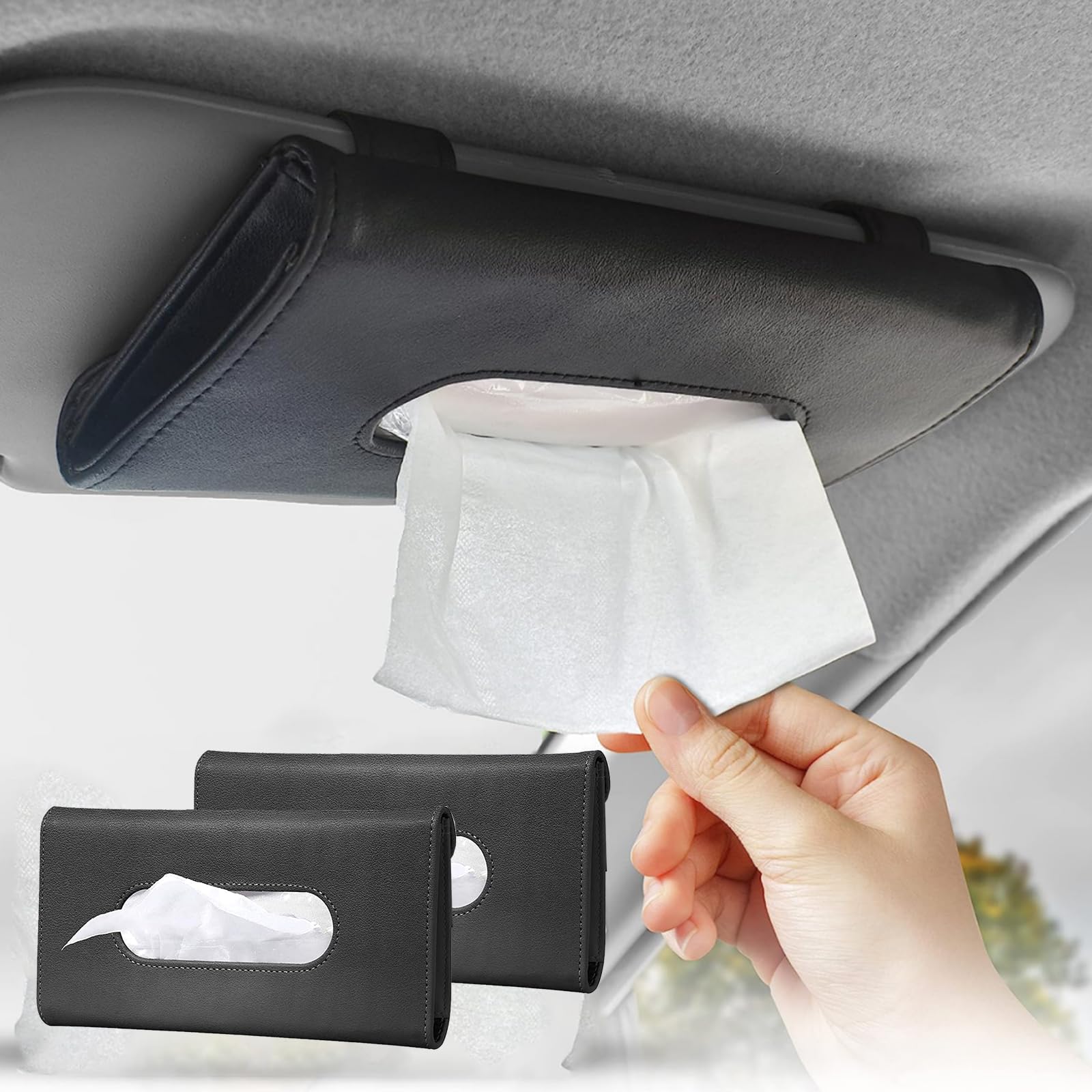 2 Pack Pu Leather Backseat Tissue Case Holder - Sun Visor Napkin Holder, Tissue Box Holder for Car (Black)