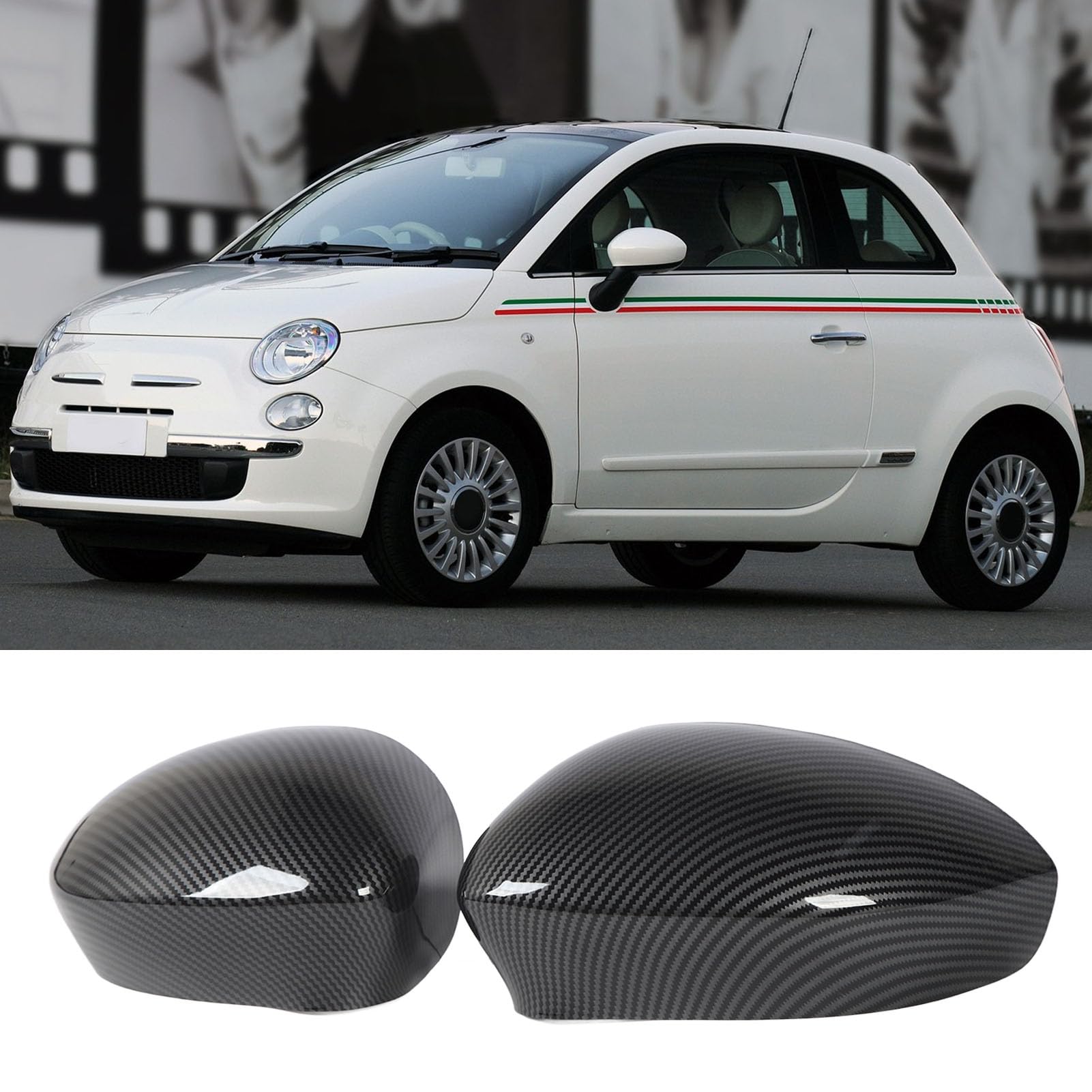 2 tappi copri specchietto retrovisore laterale porta, sostituzione per 500 dal 2007 al 2020, copertura specchietto retrovisore sinistro destro, materiale ABS ad alta resistenza, (Modello in fibra di