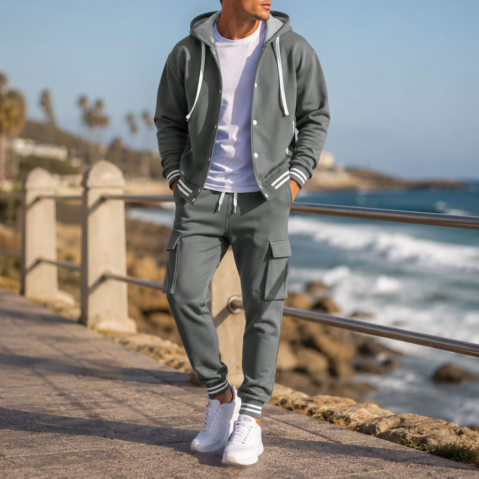 Tuta da uomo, set completo di cardigan da baseball con cappuccio in | E pantaloni da lavoro tinta unita tuta da jogging set abbigliamento sportivo vestibilità ampia semplice abbigliamento
