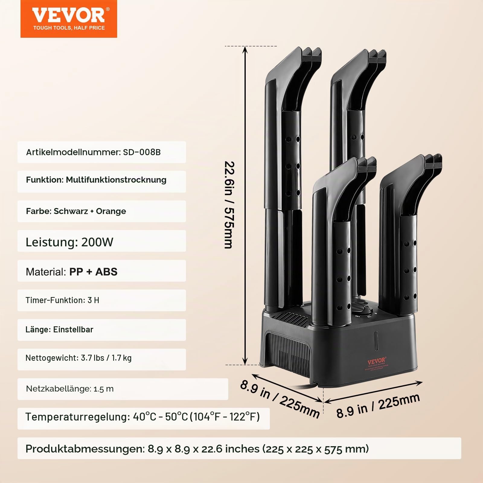 VEVOR abnehmbarer 4 Röhren Schuhtrockner mit Timer, 200 W Stiefelwärmer/-trockner mit Wärmegebläse