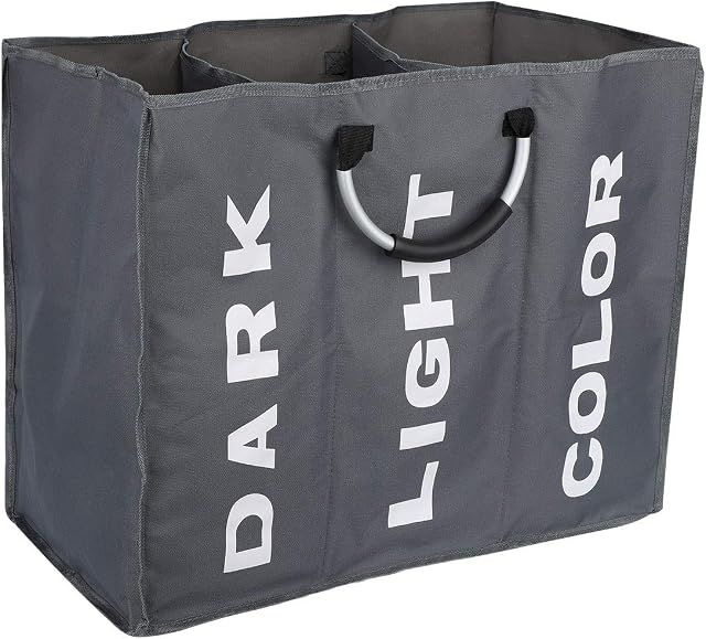 YORKING 3 Section Large Laundry Basket Canvas Laundry Bag Colour White Dark Storage Washing Hamper Bin for Bedroom Fabric (Dark Gray)