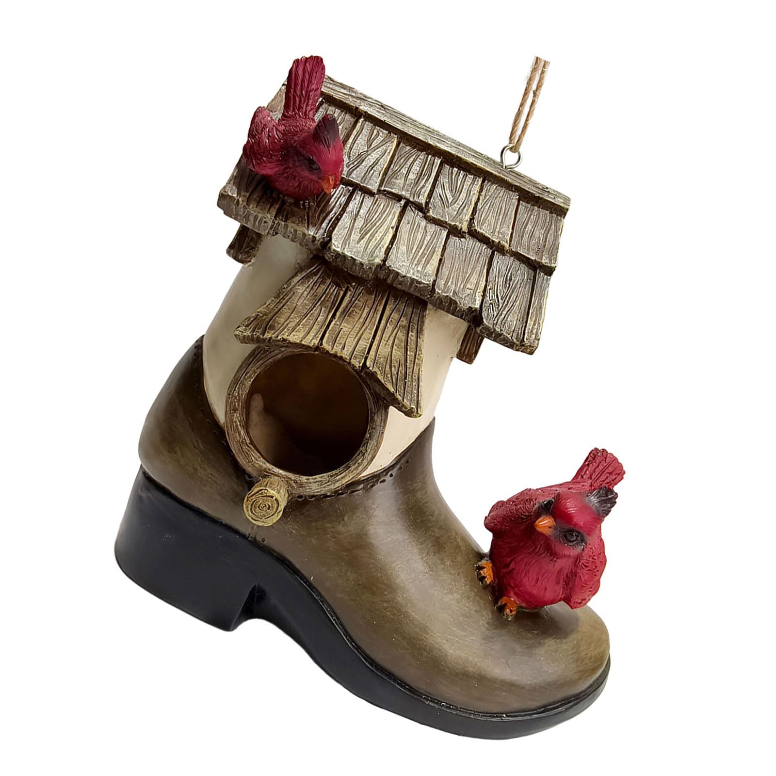 Bird House Decor Accent, Boot Form Resin Shelter with Entry Opening, Rope Suspension, Outdoor Tree Fence Yard Scenic Ornament Bird Nesting Ornament Boot Birdhouse Resin Garden Perch Cottage Yard Decor