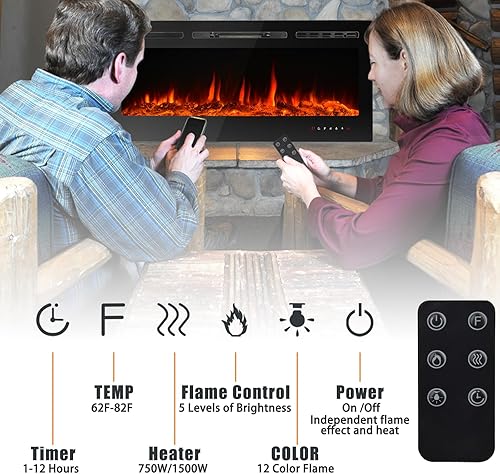Miniatura 5 de CharaVector Chimeneas Eléctricas Empotradas Montadas en Pared Inserto de Chimenea de 50 Pulgadas de Ancho Calentador Lugar de Fuego LED Control