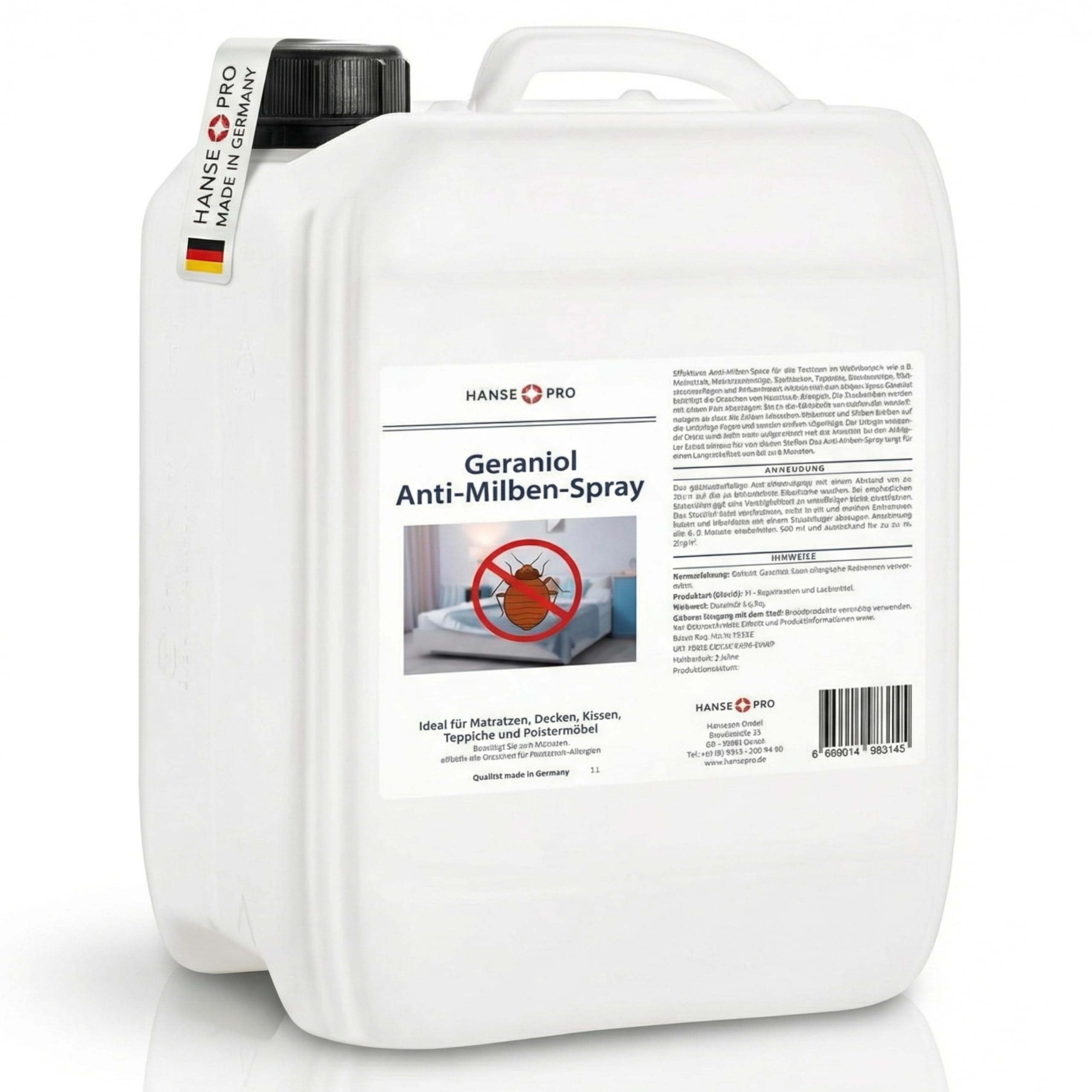 HANSE PRO Geraniol Anti-Milben-Mittel, 5 Liter Kanister I Hausstaub-Spray I Milbenschutz I hochwirksames Spray gegen Milben- & Bettwanzen I Hausstaubmilben-Allergie I Milbenbekämpfung